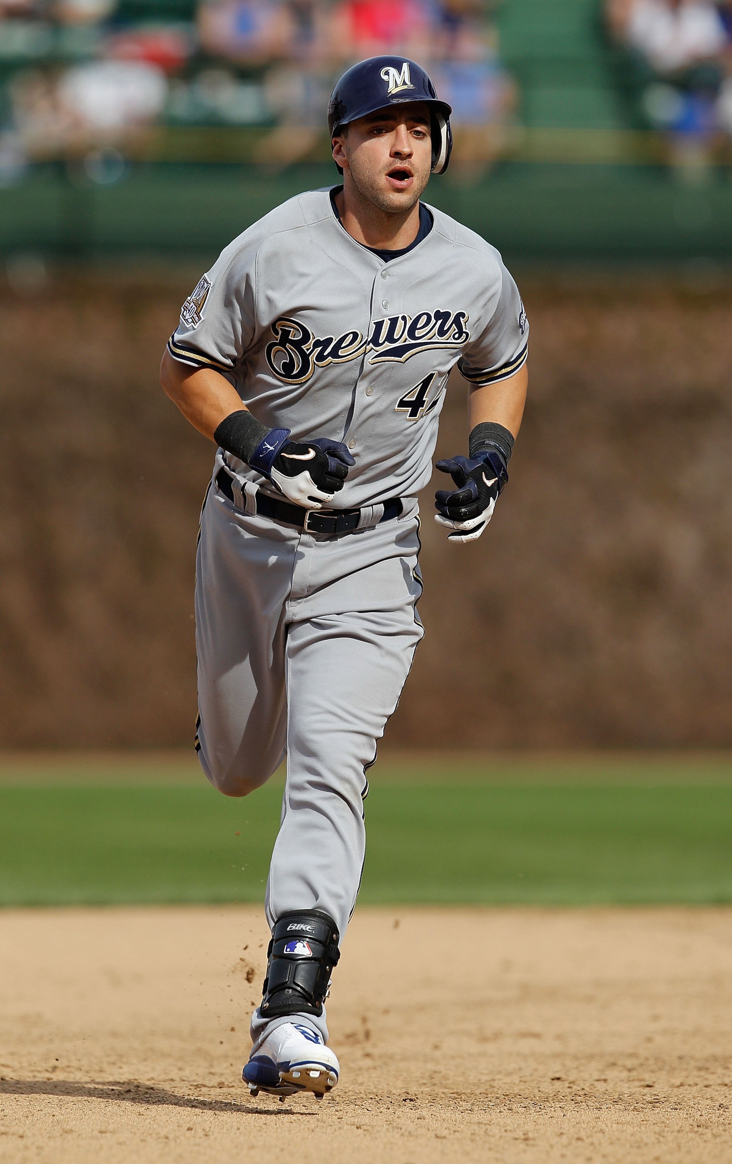 CHICAGO - APRIL 15: Ryan Braun of the Milwaukee Brewers, wearing a number 42 jersey in honor of Jackie Robinson, runs the bases after hitting a home run in the 8th inning against the Chicago Cubs at Wrigley Field on April 15, 2010 in Chicago, Illinois. Th
