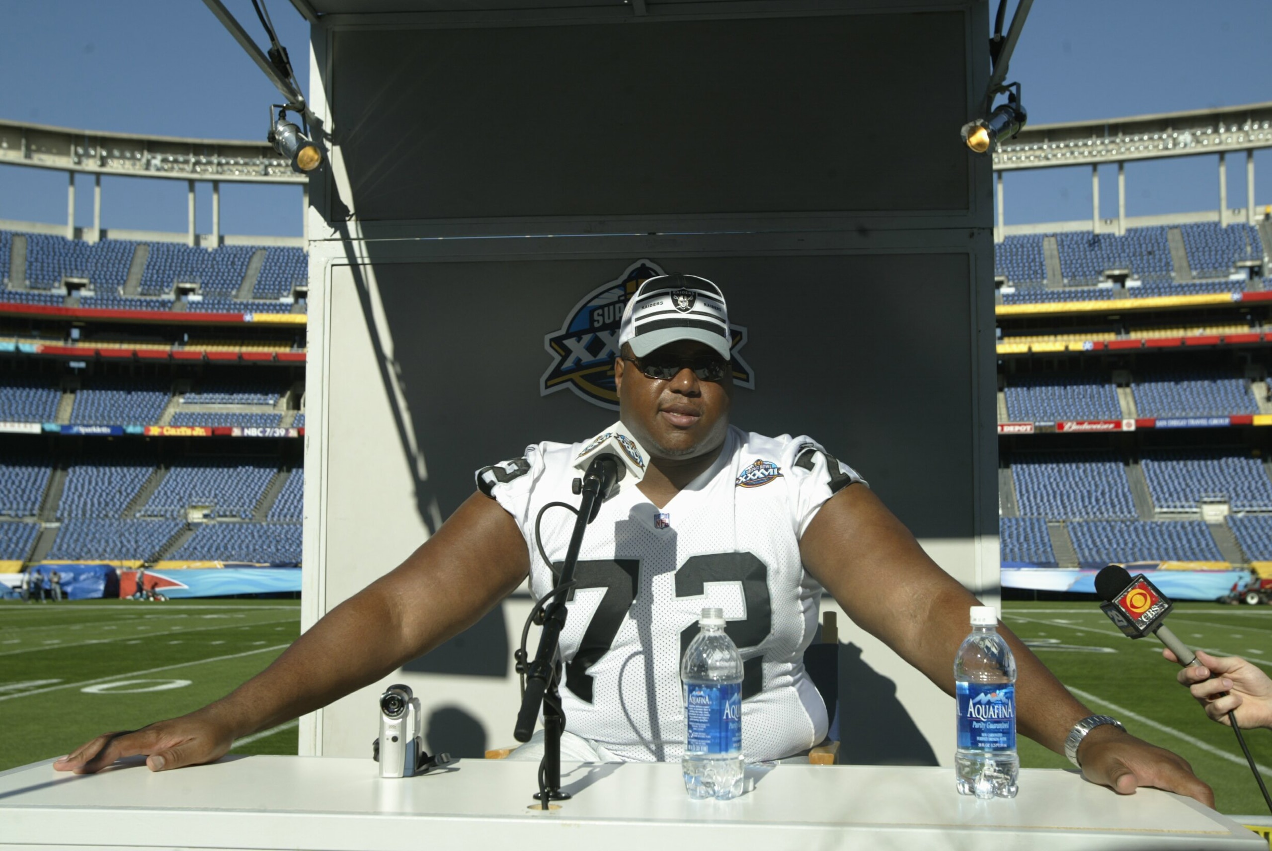 SAN DIEGO - JANUARY 21:  Lincoln Kennedy #72 of the Oakland Raiders fields questions from the press during Media Day on January 21, 2003 at Qualcomm Stadium in San Diego, California.  The Raiders will play the Tampa Bay Buccaneers in Super Bowl XXXVII on