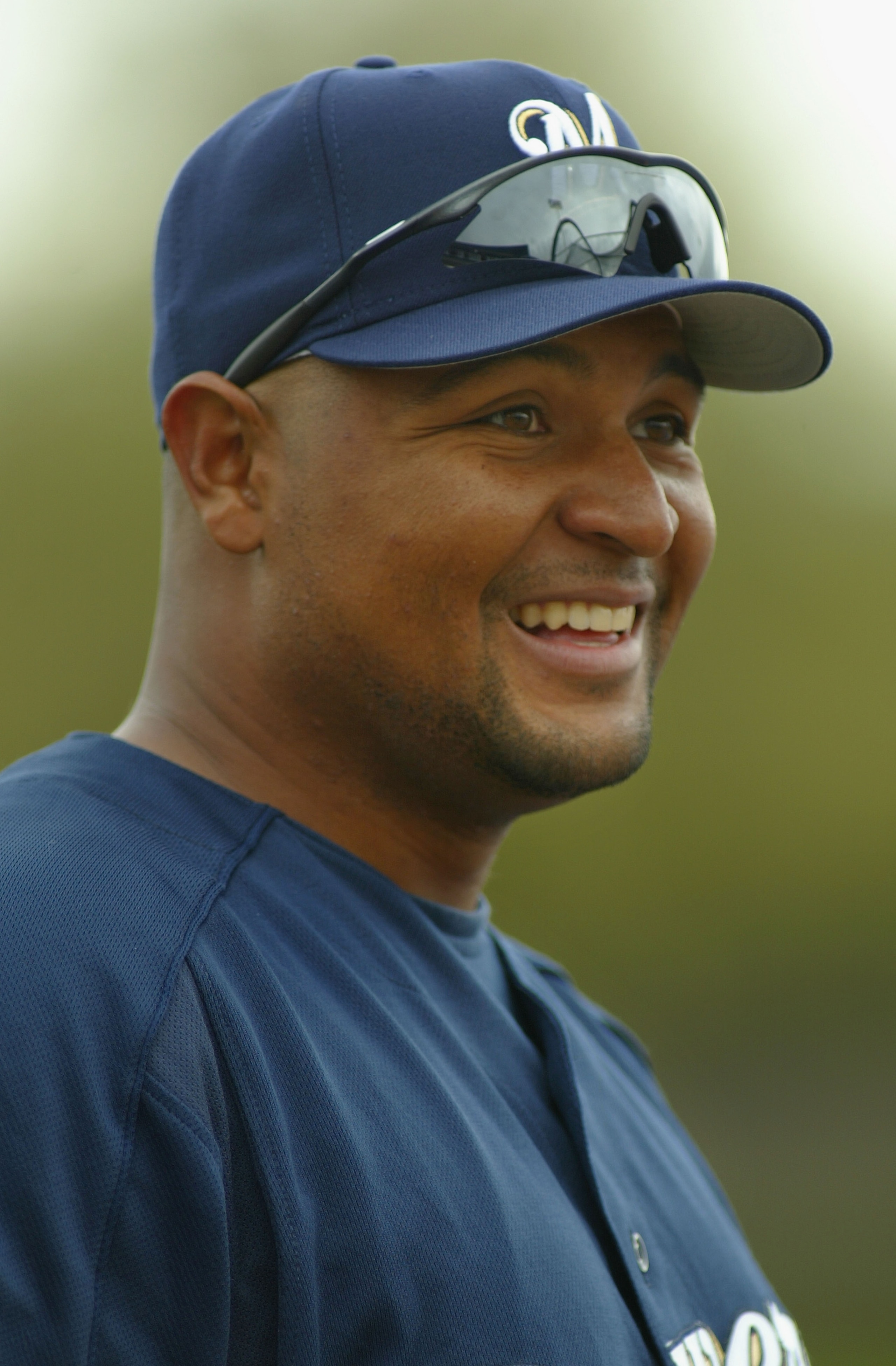 PHOENIX - MARCH 05:  Carlos Lee #45 of the Milwaukee Brewers warms up before the MLB spring training game against the Oakland Athletics at Maryvale Baseball Park on March 5, 2005 in Phoenix, Arizona.  The Brewers won 3-1.   (Photo by Christian Petersen/Ge