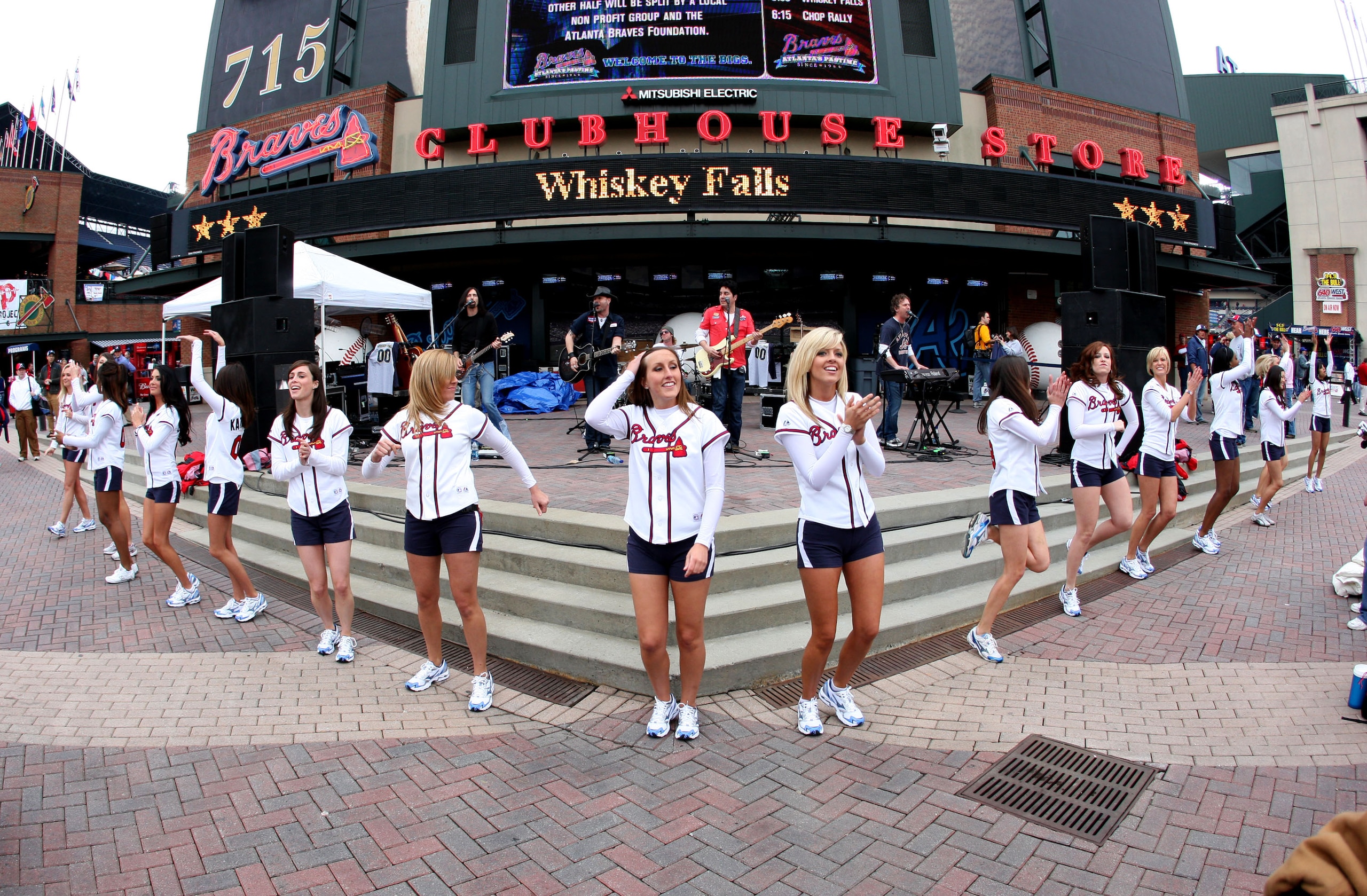 ATLANTA - MARCH 31: The Braves cheerleaders dance to the music of the band Whiskey Falls in the outfield pavilion before the game between the Atlanta Braves and the Pittsburgh Pirates at Turner Field March 31, 2008 in Atlanta, Georgia. The Pirates beat t ATLANTA - MARCH 31: The Braves cheerleaders dance to the music of the band Whiskey Falls in the outfield pavilion before the game between the Atlanta Braves and the Pittsburgh Pirates at Turner Field March 31, 2008 in Atlanta, Georgia. The Pirates beat t