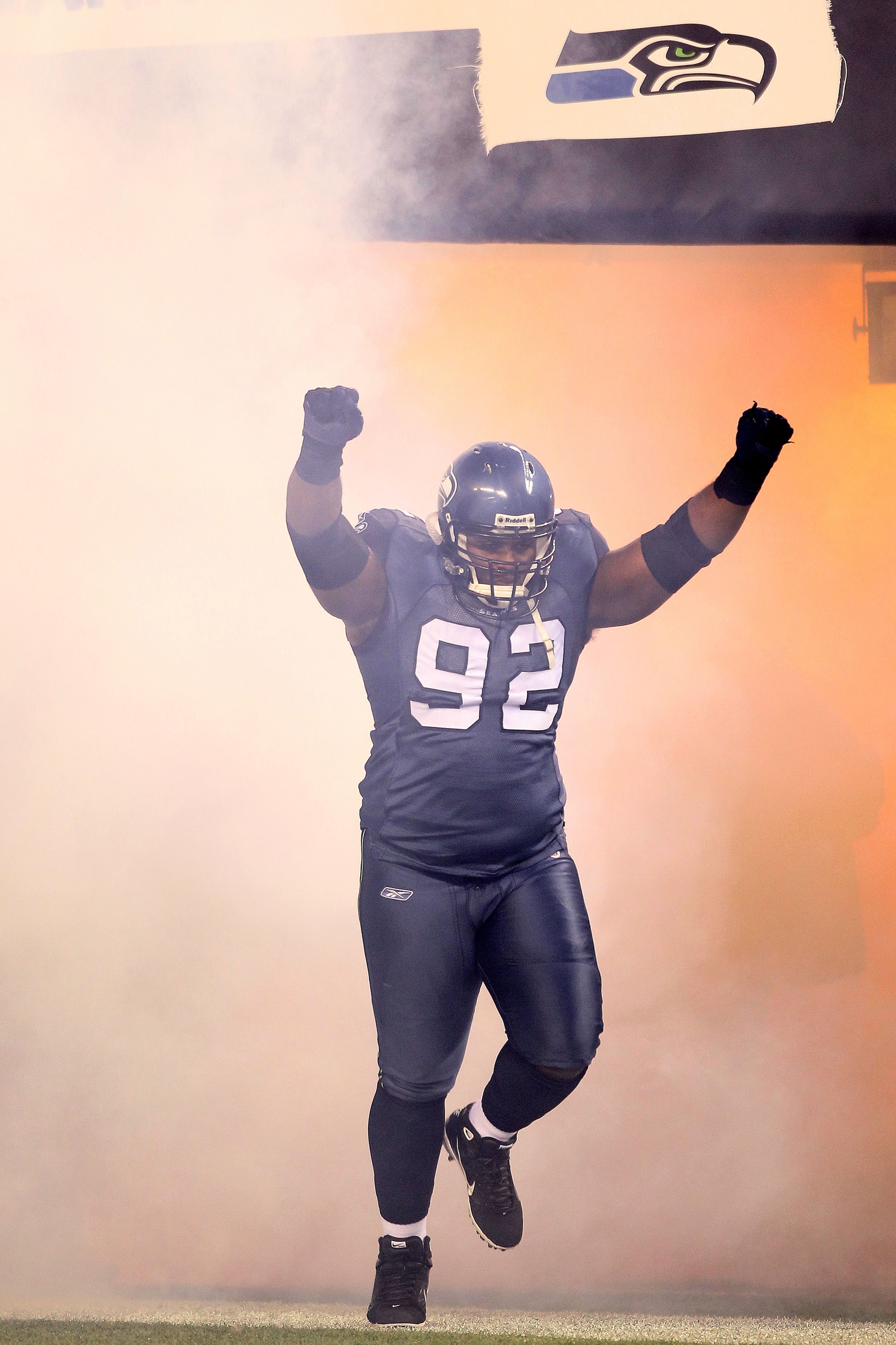 SEATTLE, WA - JANUARY 02:  Defensive tackle Brandon Mebane #92 of the Seattle Seahawks takes the field against the St. Louis Rams prior to their game at Qwest Field on January 2, 2011 in Seattle, Washington.  (Photo by Otto Greule Jr/Getty Images)