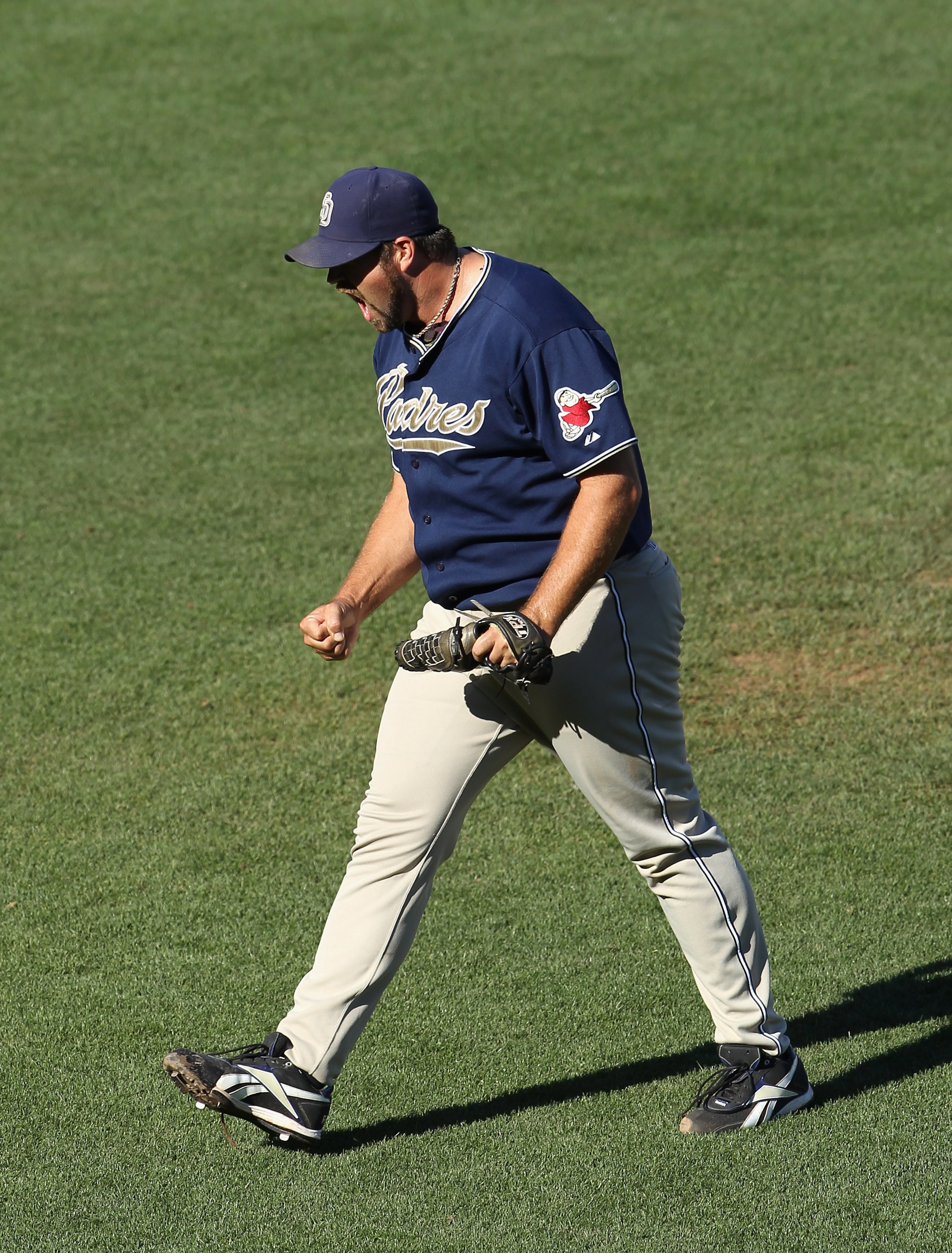 SAN FRANCISCO - OCTOBER 02:  Heath Bell #21 of the San Diego Padres celebrates after they beat the San Francisco Giants at AT&T Park on October 2, 2010 in San Francisco, California.  (Photo by Ezra Shaw/Getty Images)