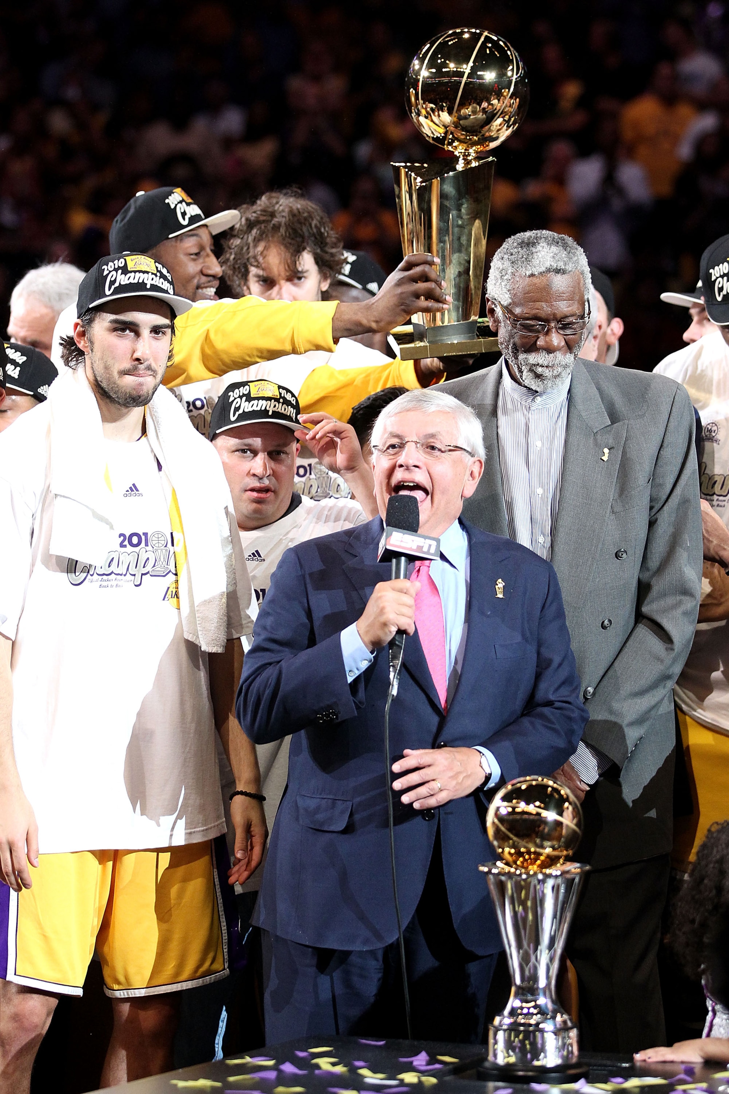 LOS ANGELES, CA - JUNE 17:  NBA Commissioner David Stern prepares to present the Bill Russell Finals MVP trophy after the Los Angeles Lakers 83-79 victory against the Boston Celtics by holding up five fingers in Game Seven of the 2010 NBA Finals at Staple