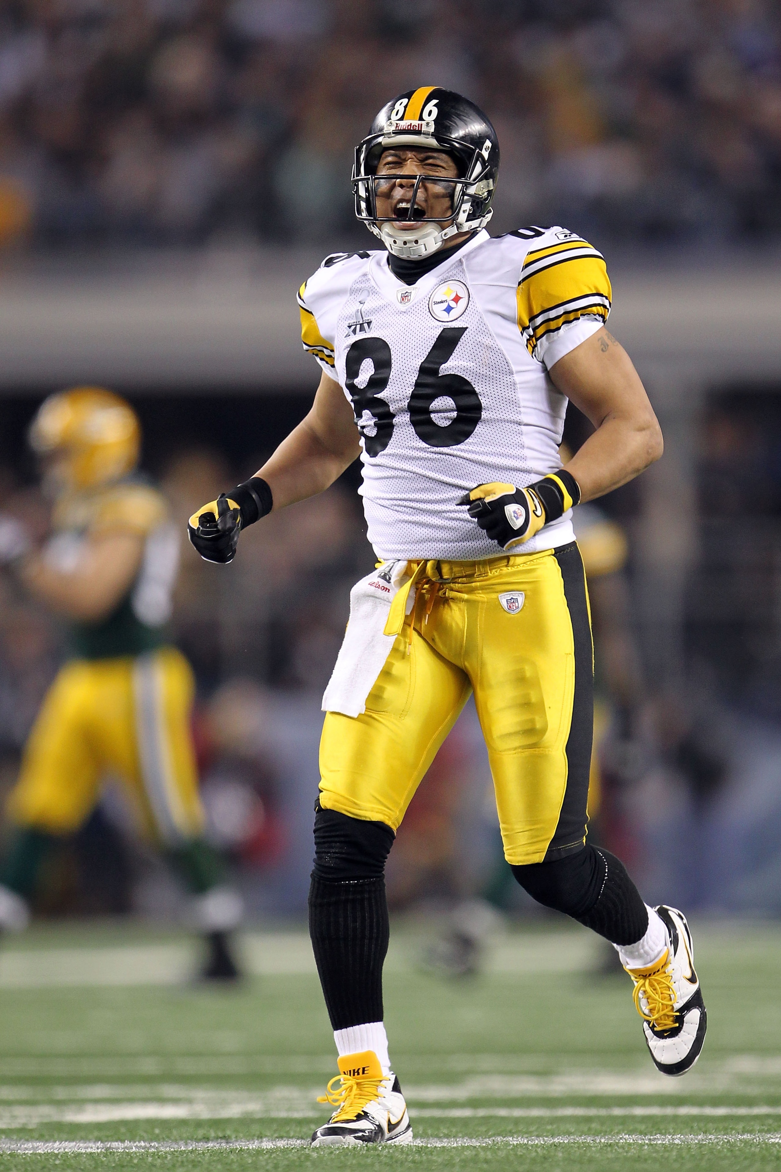ARLINGTON, TX - FEBRUARY 06: Hines Ward #86 of the Pittsburgh Steelers reacts after a play in the second half against the Green Bay Packers during Super Bowl XLV at Cowboys Stadium on February 6, 2011 in Arlington, Texas. (Photo by Jamie Squire/Getty Im ARLINGTON, TX - FEBRUARY 06: Hines Ward #86 of the Pittsburgh Steelers reacts after a play in the second half against the Green Bay Packers during Super Bowl XLV at Cowboys Stadium on February 6, 2011 in Arlington, Texas. (Photo by Jamie Squire/Getty Im
