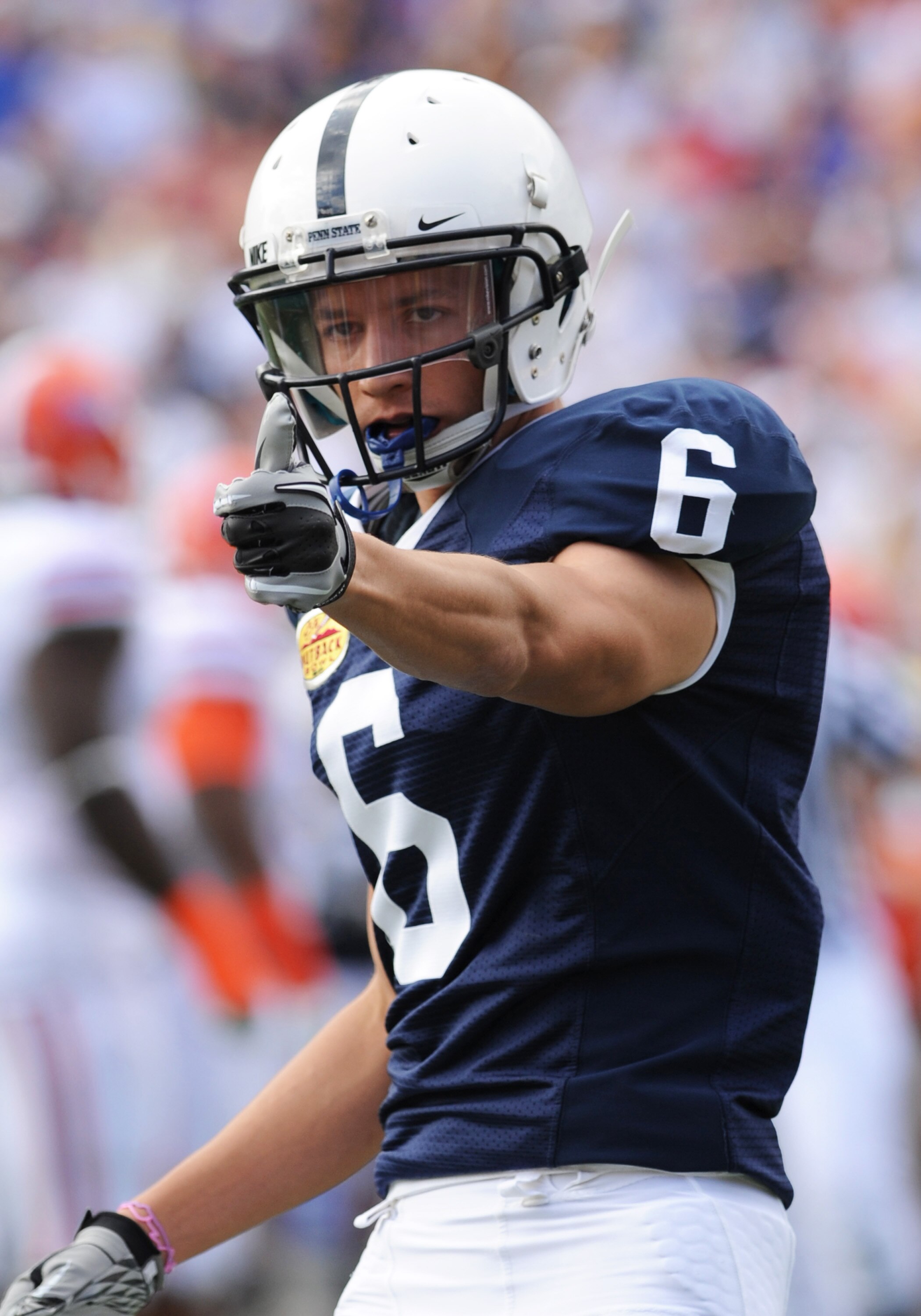 TAMPA, FL - JANUARY 1:  Wide receiver Derek Moye #6 of the Penn State Nittany Lions lines up for play against the Florida Gators January 1, 2010 in the 25th Outback Bowl at Raymond James Stadium in Tampa, Florida.  (Photo by Al Messerschmidt/Getty Images)