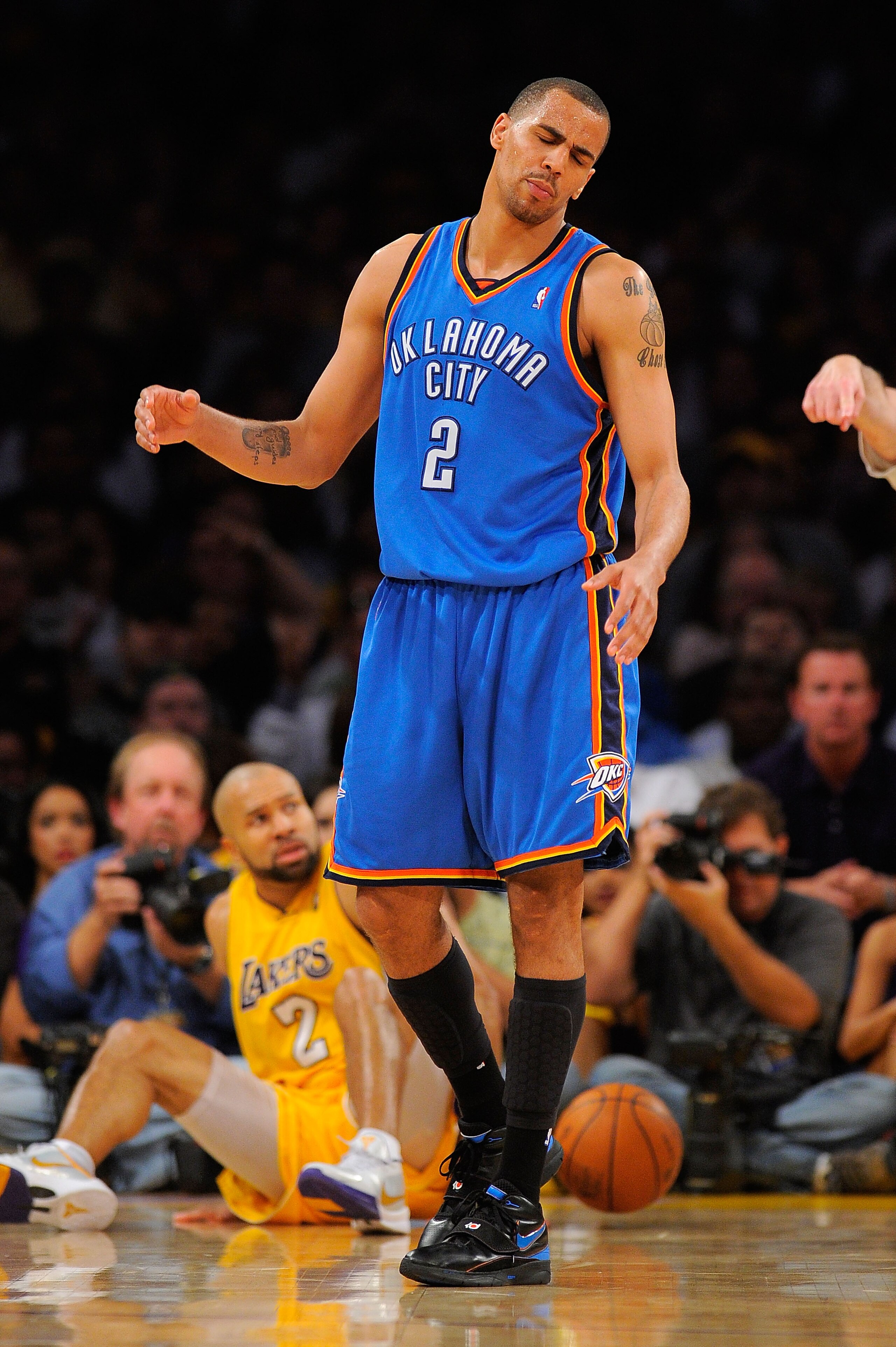LOS ANGELES, CA - APRIL 27:  Thabo Sefolosha #2 of the Oklahoma City Thunder reacts in the second quarter while taking on the Los Angeles Lakers during Game Two of the Western Conference Quarterfinals of the 2010 NBA Playoffs at Staples Center on April 27