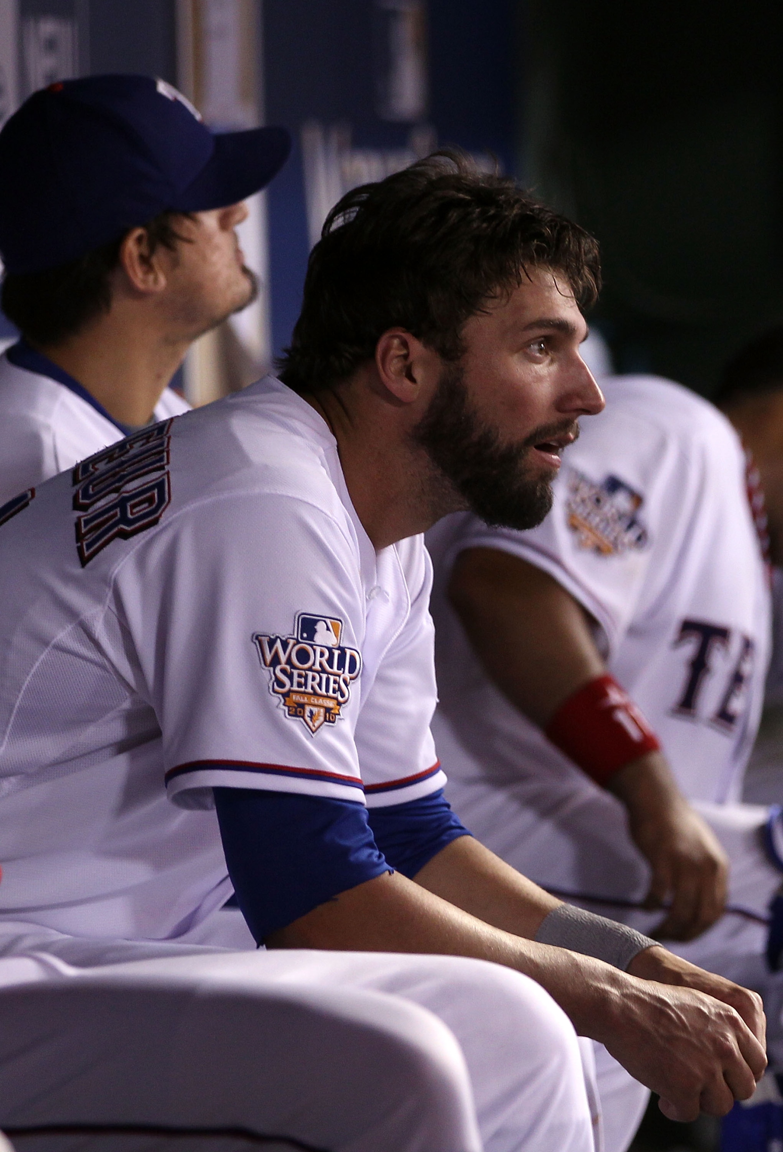 ARLINGTON, TX - OCTOBER 31:  Jeff Francoeur #21 of the Texas Rangers looks on dejected from the dugout against the San Francisco Giants in Game Four of the 2010 MLB World Series at Rangers Ballpark in Arlington on October 31, 2010 in Arlington, Texas.  (P