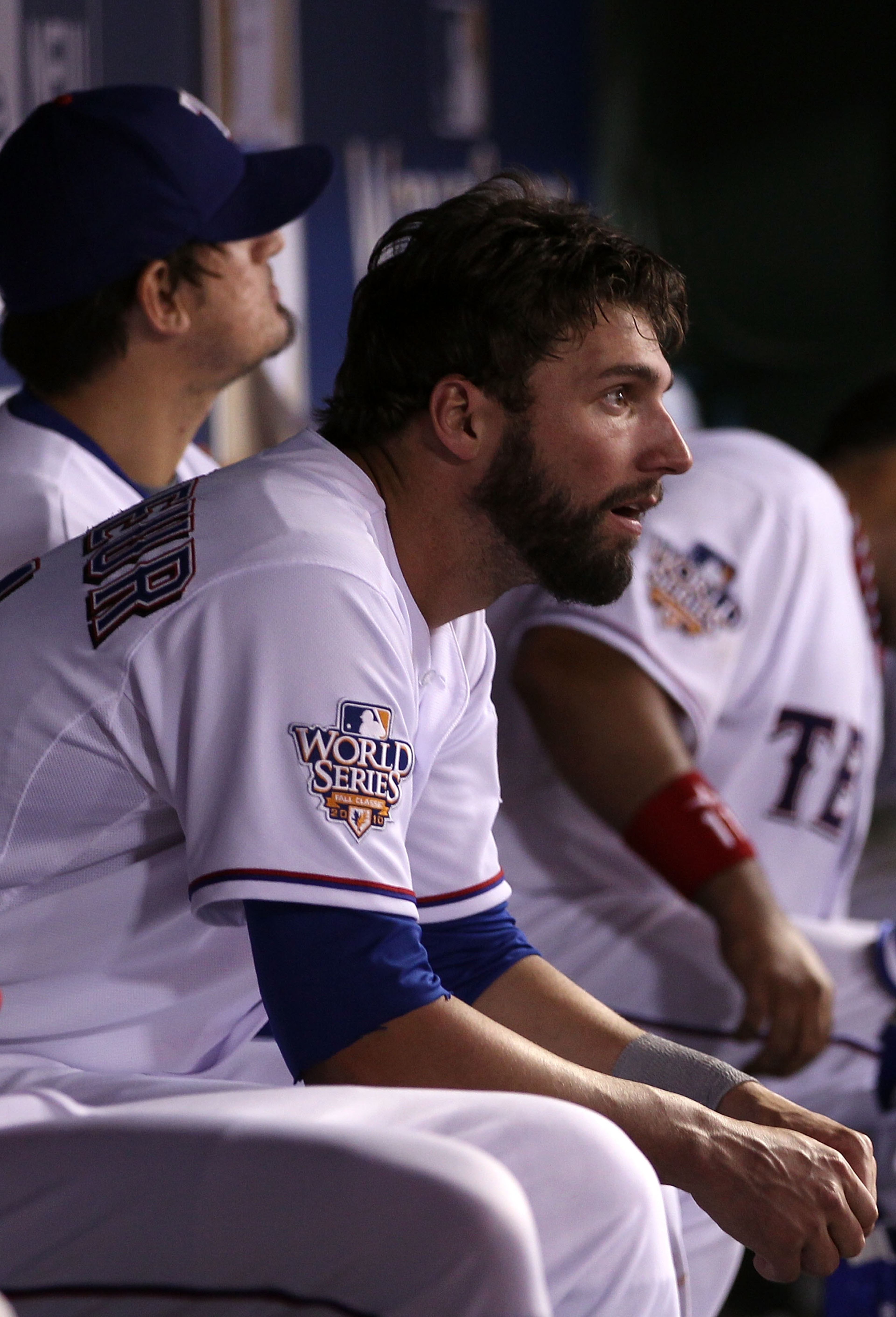 ARLINGTON, TX - OCTOBER 31:  Jeff Francoeur #21 of the Texas Rangers looks on dejected from the dugout against the San Francisco Giants in Game Four of the 2010 MLB World Series at Rangers Ballpark in Arlington on October 31, 2010 in Arlington, Texas.  (P