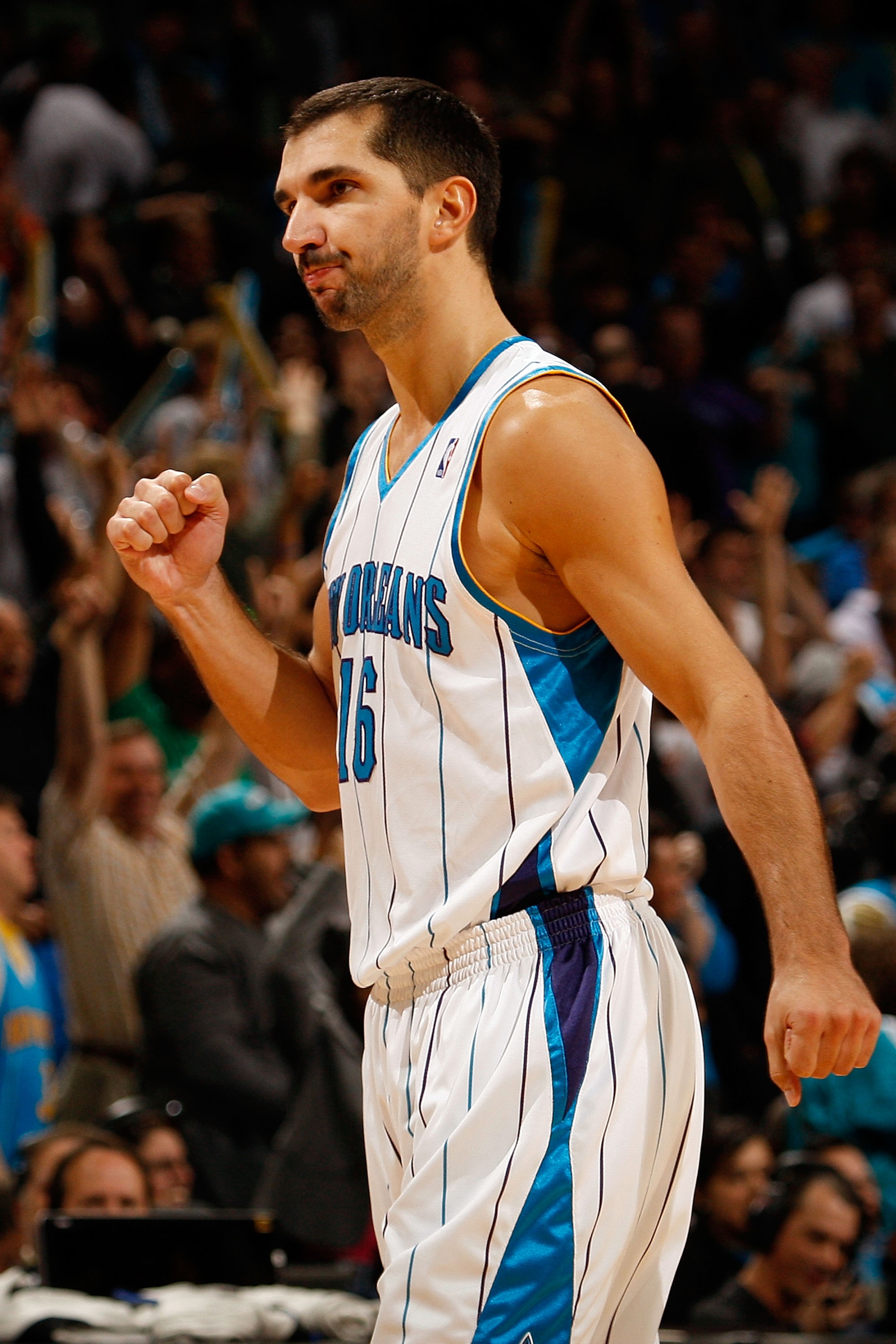NEW ORLEANS - NOVEMBER 04:  Peja Stojakovic #16 of the New Orleans Hornets celebrates after making a shot to tie the game against the Dallas Mavericks at New Orleans Arena on November 4, 2009 in New Orleans, Louisiana.  The Hornets defeated the Mavericks