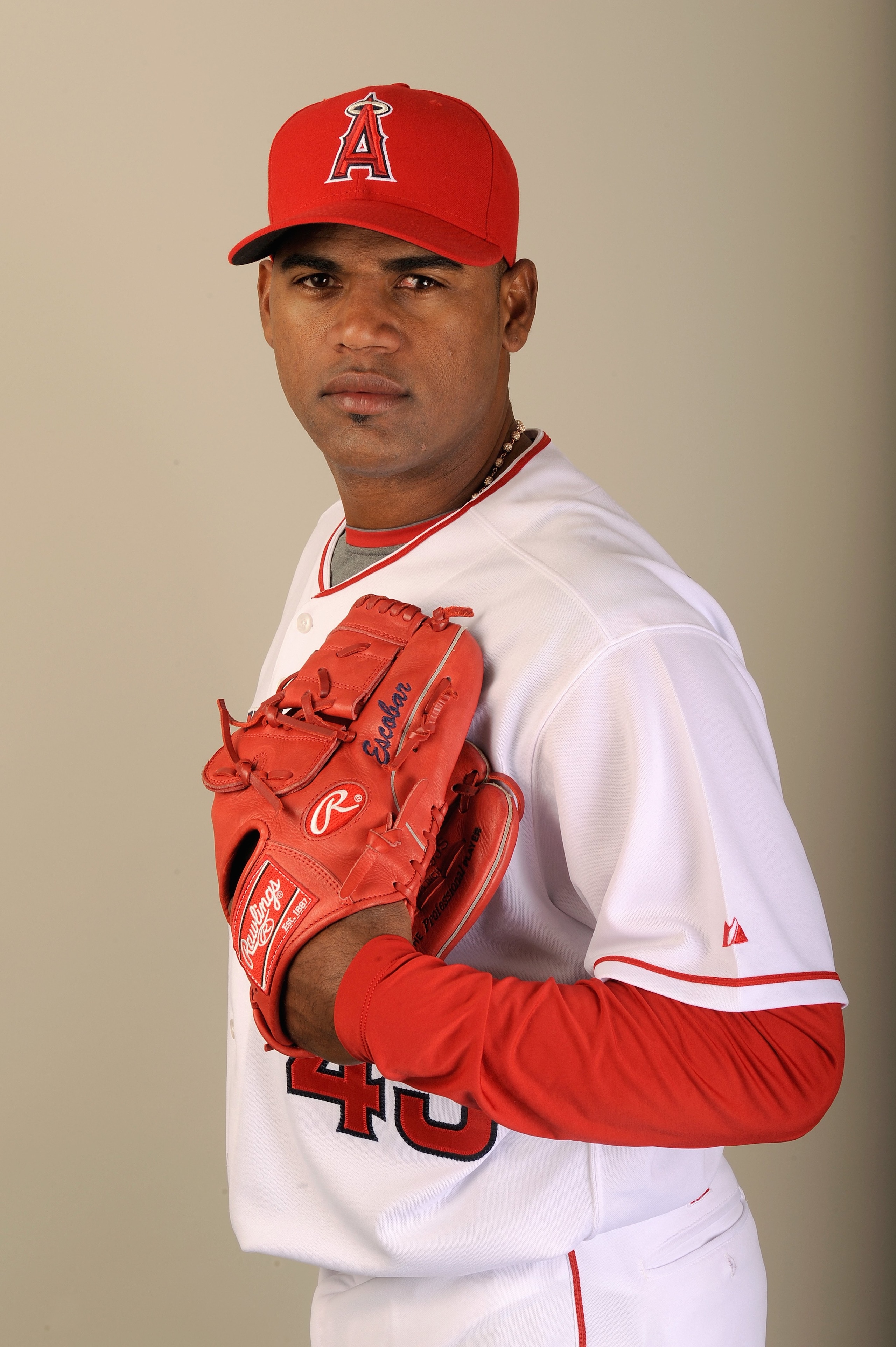 TEMPE, AZ - FEBRUARY 25:  Kelvim Escobar #45 of the Los Angeles Angels of Anaheim poses during photo day at Tempe Diablo Stadium on February 25, 2009 in Tempe, Arizona. (Photo by Kevork Djansezian/Getty Images)