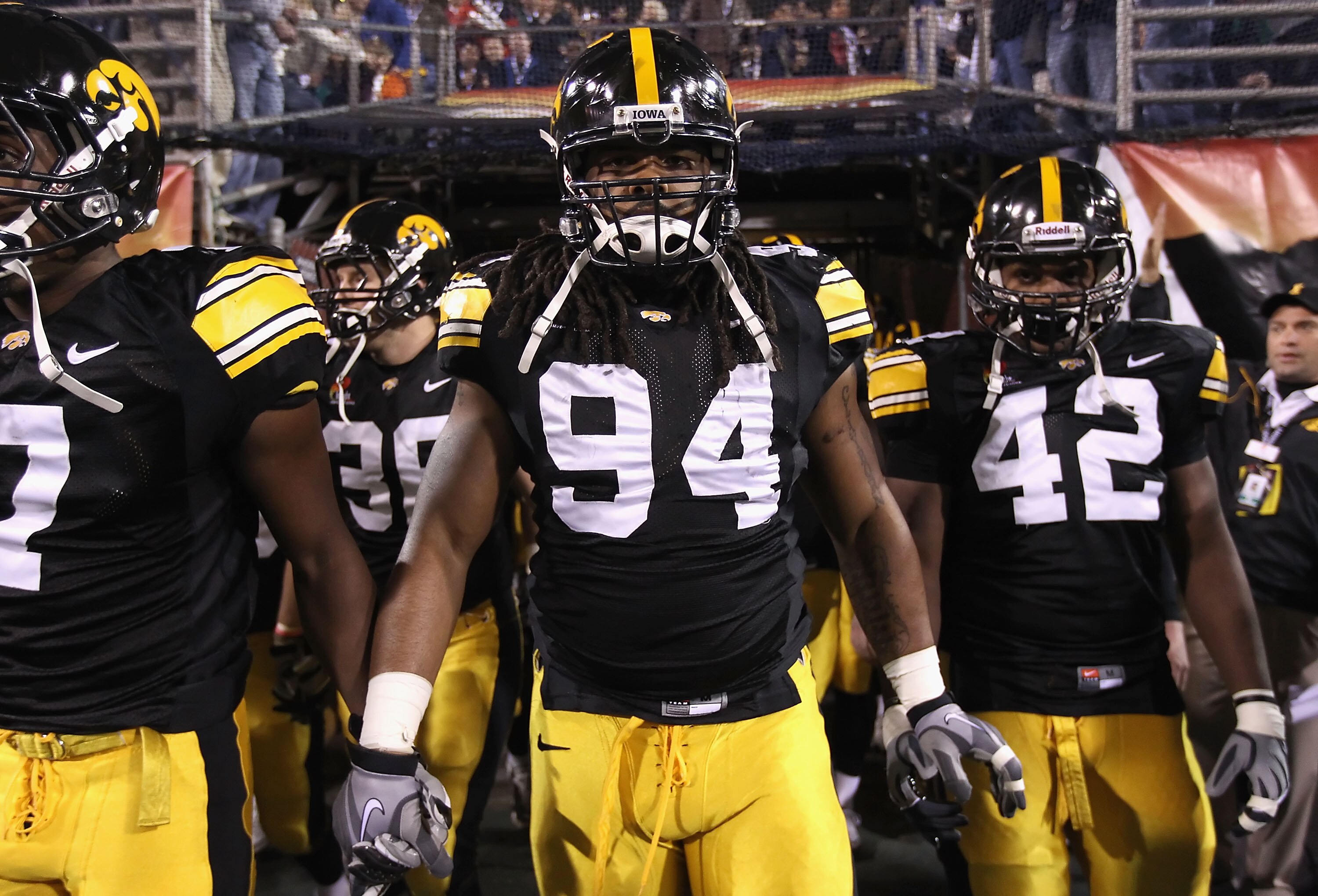 TEMPE, AZ - DECEMBER 28:  Defensive end Adrian Clayborn #94 of the Iowa Hawkeyes during the Insight Bowl against the Missouri Tigers at Sun Devil Stadium on December 28, 2010 in Tempe, Arizona. The Hawkeyes defeated the Tigers 27-24.  (Photo by Christian