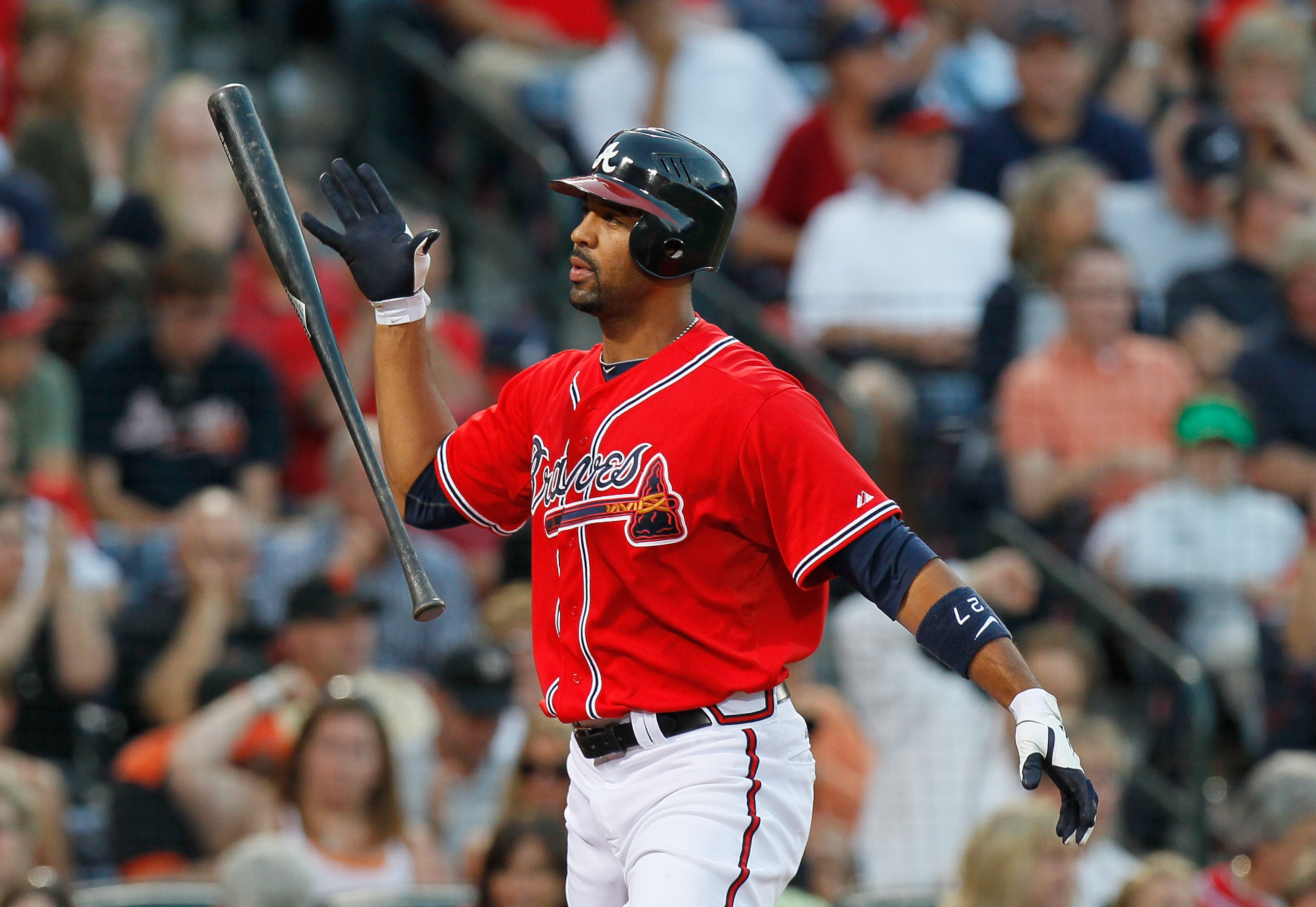 ATLANTA - OCTOBER 10: Derrek Lee #27 of the Atlanta Braves reacts after striking out against the San Francisco Giants during Game Three of the NLDS of the 2010 MLB Playoffs at Turner Field on October 10, 2010 in Atlanta, Georgia. (Photo by Kevin C. Cox/ ATLANTA - OCTOBER 10: Derrek Lee #27 of the Atlanta Braves reacts after striking out against the San Francisco Giants during Game Three of the NLDS of the 2010 MLB Playoffs at Turner Field on October 10, 2010 in Atlanta, Georgia. (Photo by Kevin C. Cox/