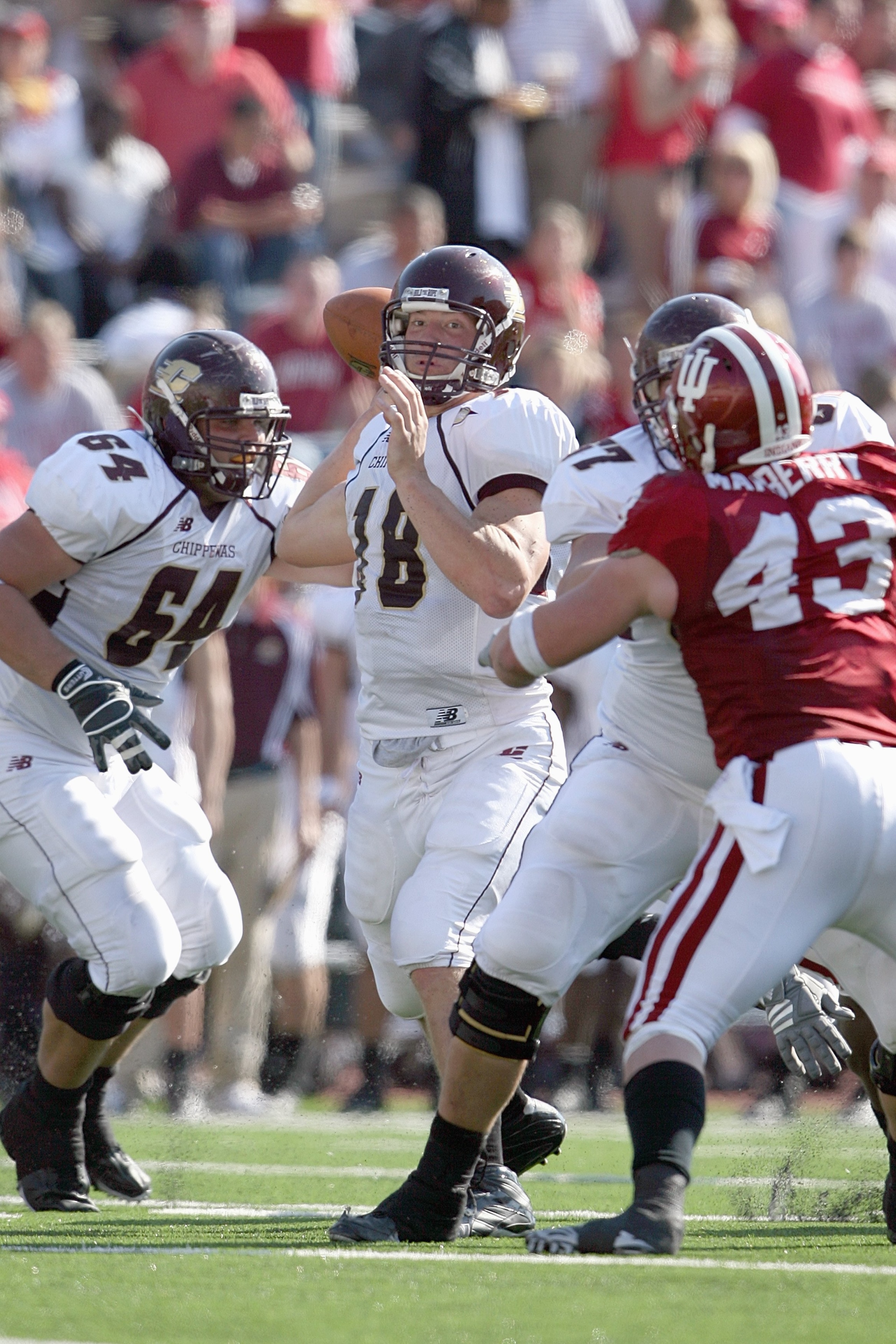 BLOOMINGTON, IN - NOVEMBER 01:  Quarterback Brian Brunner #18 of the Central Michigan Chippewas passes the ball during the game against the Indiana Hooisers at Memorial Stadium on November 1, 2008 in Bloomington, Indiana.  (Photo by Andy Lyons/Getty Image