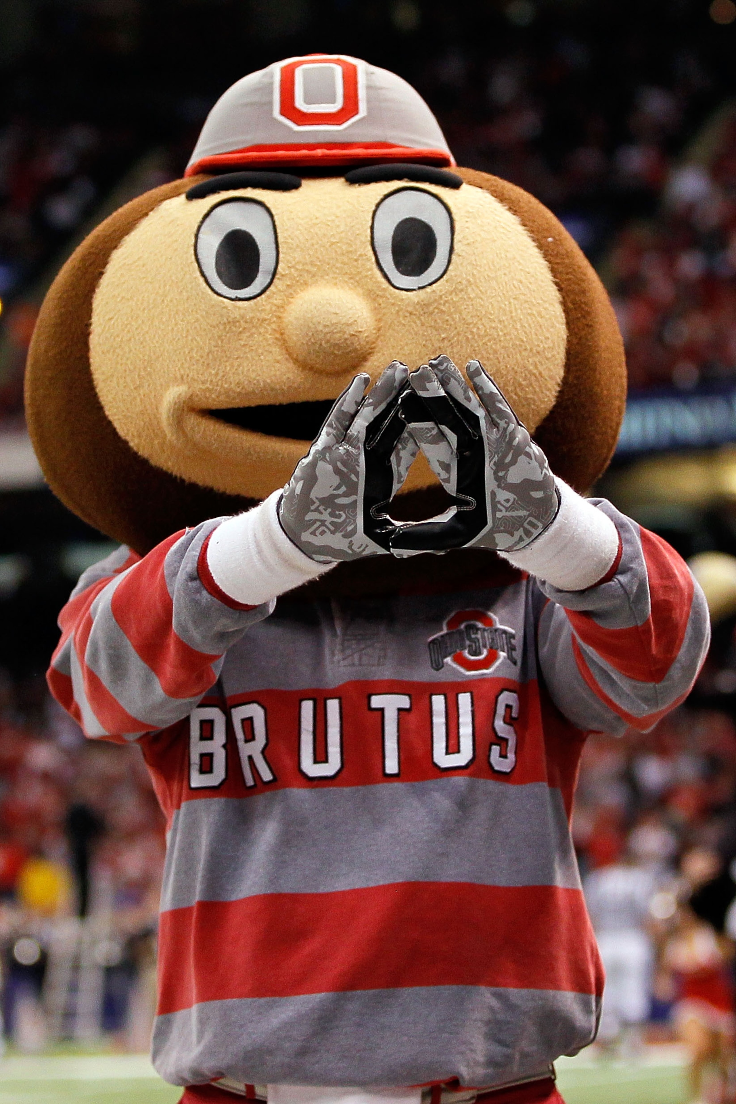 NEW ORLEANS, LA - JANUARY 04:  The Ohio State Buckeyes mascot poses in the second quarter against the Arkansas Razorbacks during the Allstate Sugar Bowl at the Louisiana Superdome on January 4, 2011 in New Orleans, Louisiana.  (Photo by Kevin C. Cox/Getty