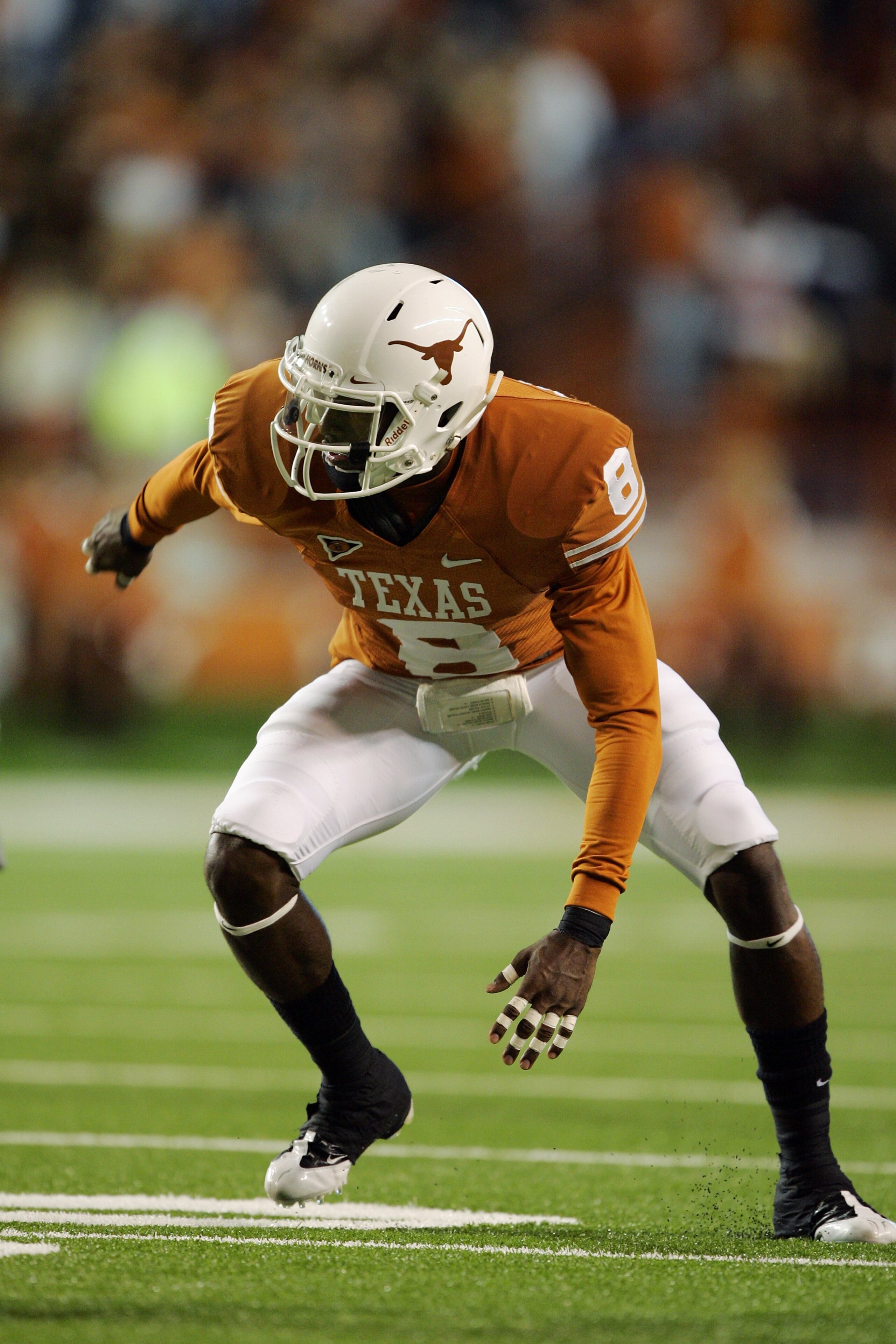 AUSTIN, TX - OCTOBER 10:  Cornerback Chykie Brown #8 of the Texas Longhorns launches off the snap against the Colorado Buffaloes on October 10, 2009 at Darrell K Royal-Texas Memorial Stadium in Austin, Texas.  Texas won 38-14.  (Photo by Brian Bahr/Getty