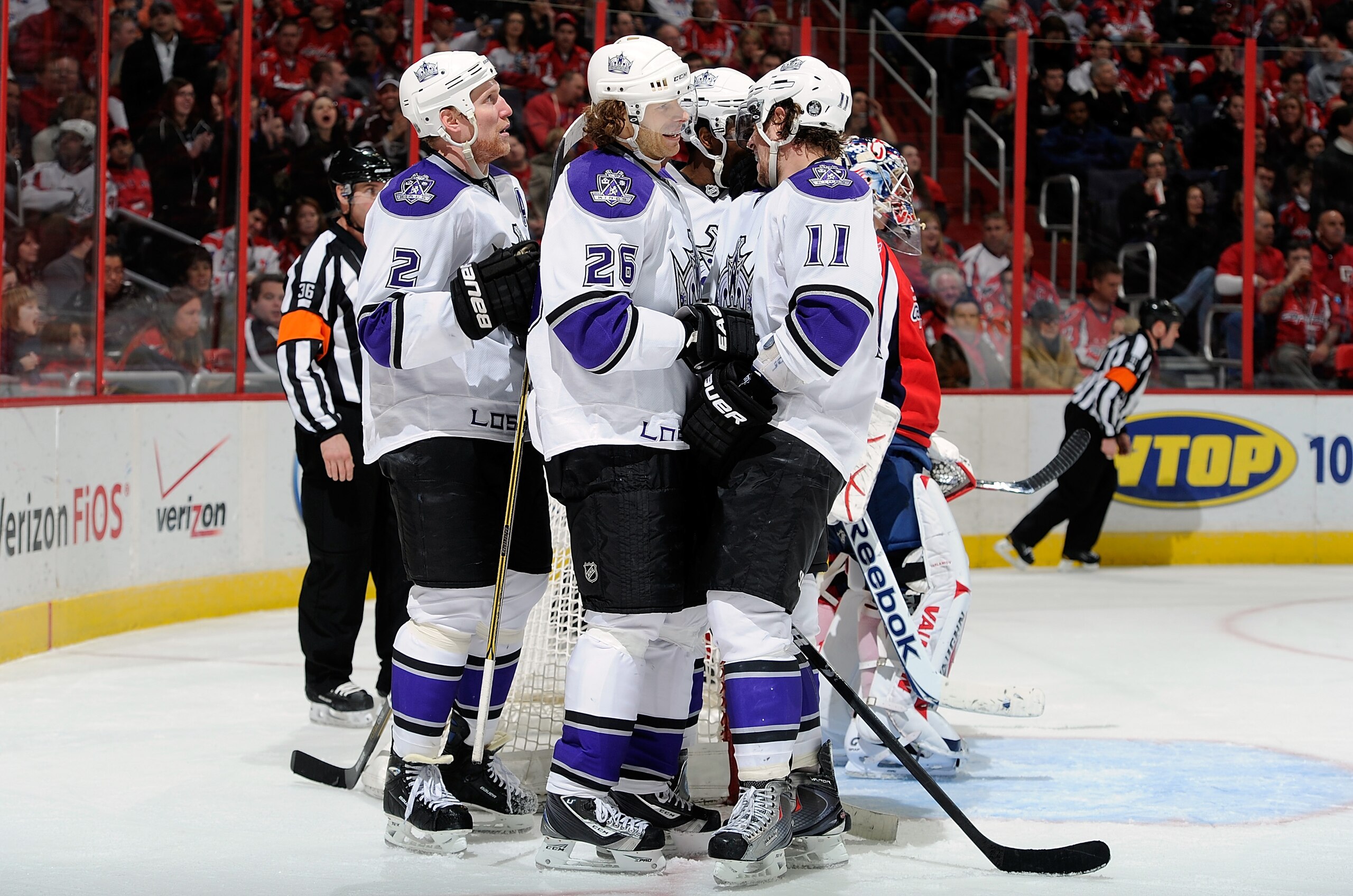 WASHINGTON, DC - FEBRUARY 12:  Michal Handzus #26 of the Los Angeles Kings celebrates with teammates after scoring in the thrid period against the Washington Capitals at the Verizon Center on February 12, 2011 in Washington, DC.  The Kings won the game 4-