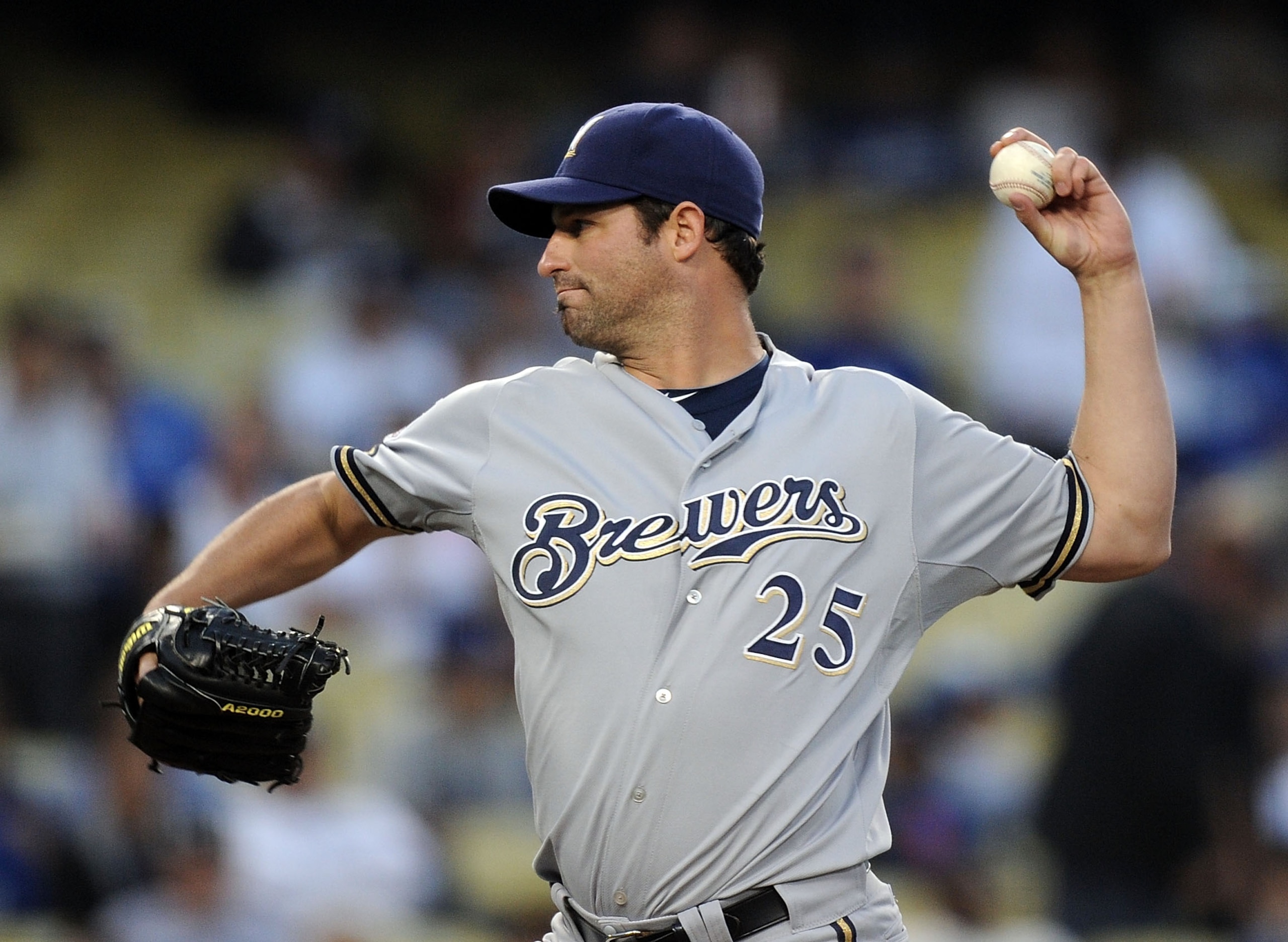 LOS ANGELES, CA - MAY 05:  Doug Davis #25 of the Milwaukee Brewers pitches against the Los Angeles Dodgers during the first inning at Dodger Stadium on May 5, 2010 in Los Angeles, California.  (Photo by Harry How/Getty Images)