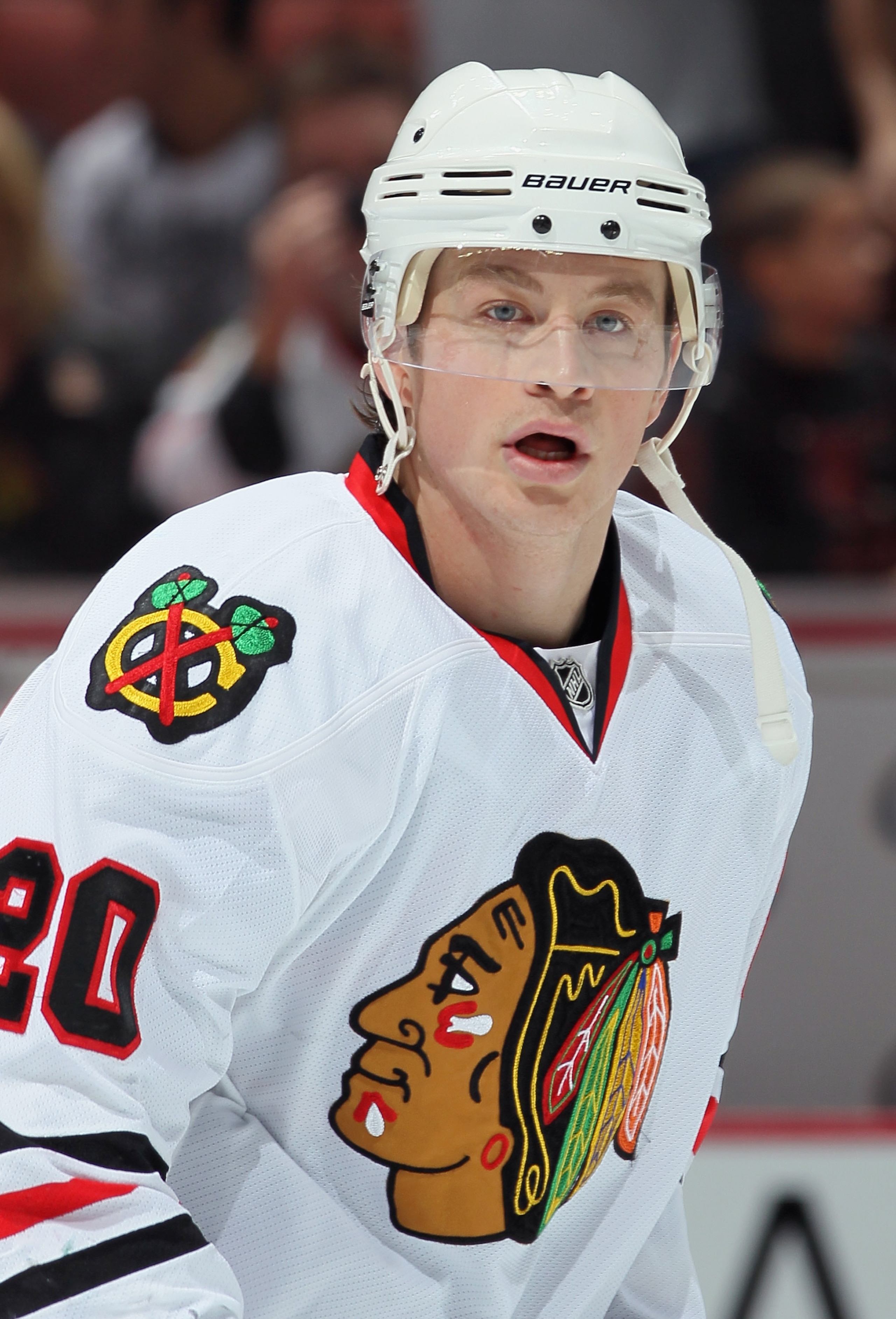 ANAHEIM, CA - NOVEMBER 26:  Jack Skille #20 of the Chicago Blackhawks looks on prior to the start of the game against the Anaheim Ducks at the Honda Center on November 26, 2010 in Anaheim, California.  (Photo by Jeff Gross/Getty Images)