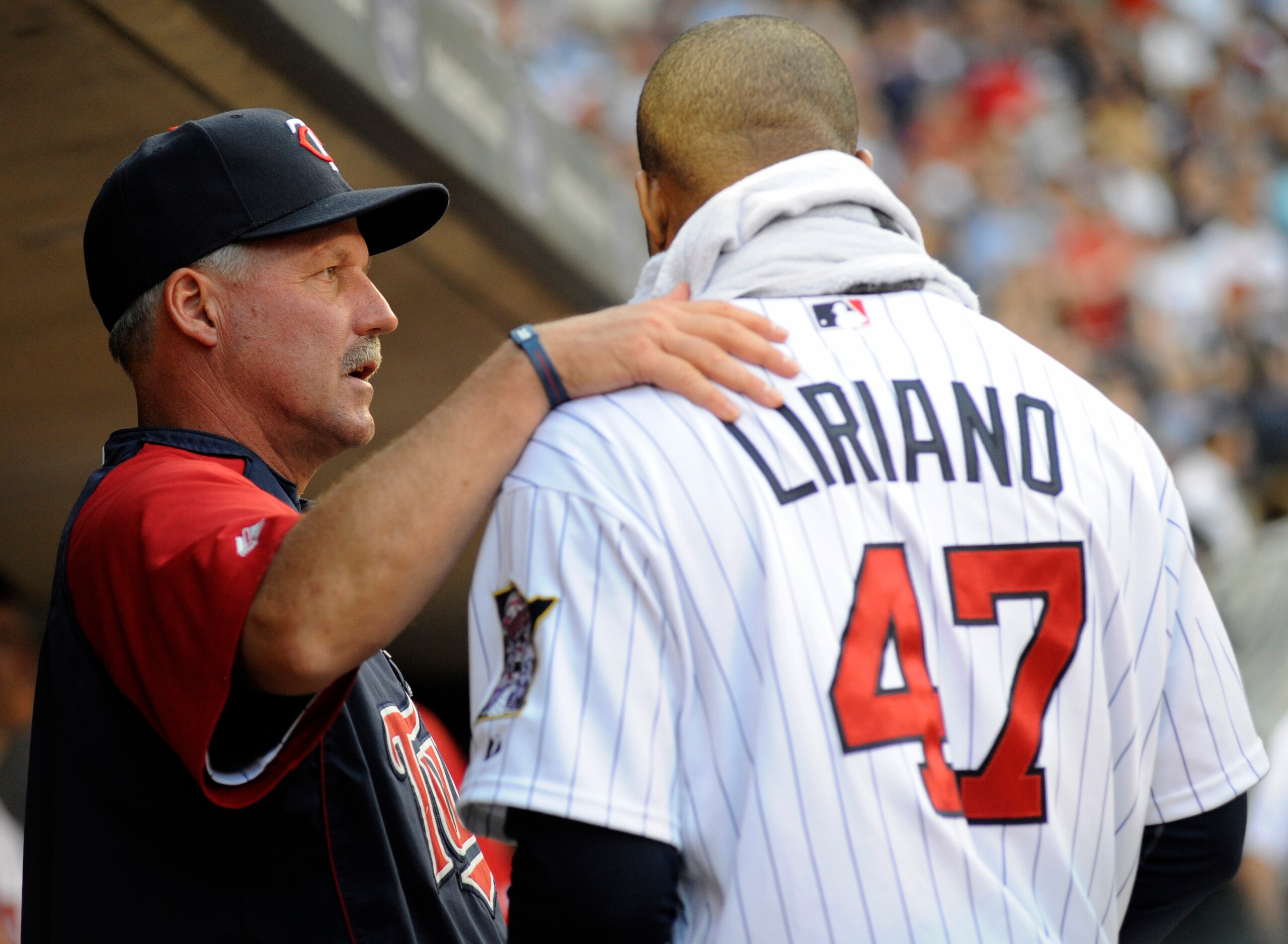 MINNEAPOLIS, MN - MAY 26: Pitching coach Rick Anderson #40 and Francisco Liriano #47 of the Minnesota Twins speak in the dugout after Liriano pitched seven complete innings against the New York Yankees during their game on May 26, 2010 at Target Field in MINNEAPOLIS, MN - MAY 26: Pitching coach Rick Anderson #40 and Francisco Liriano #47 of the Minnesota Twins speak in the dugout after Liriano pitched seven complete innings against the New York Yankees during their game on May 26, 2010 at Target Field in