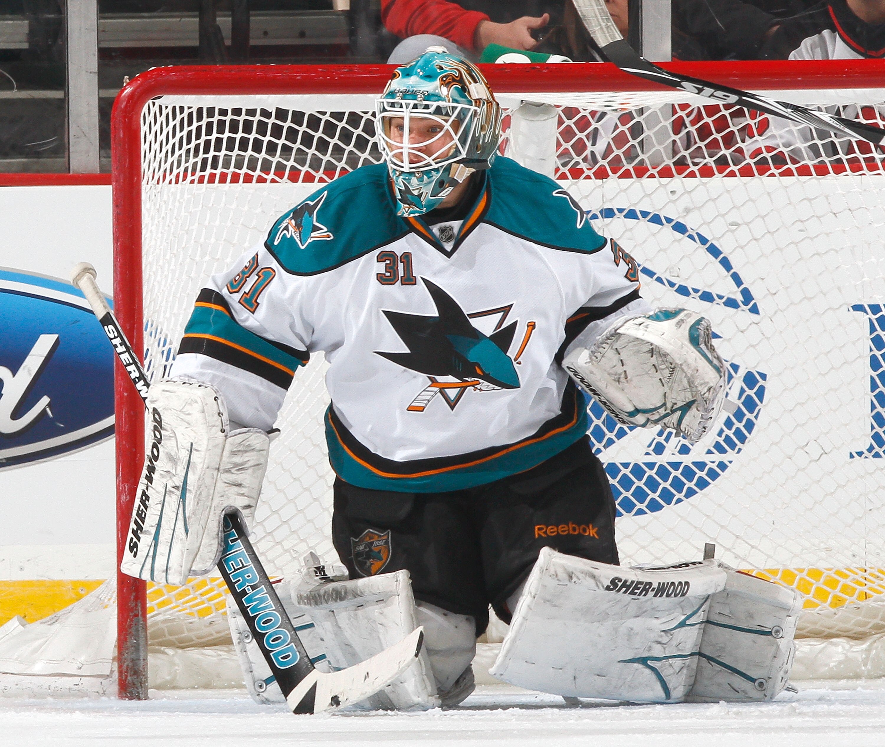 NEWARK, NJ - FEBRUARY 11: Goalie Antti Niemi #31 of the San Jose Sharks waits for a shot during an NHL hockey game against the New Jersey Devils on February 11, 2011 at the Prudential Center in Newark, New Jersey. (Photo by Paul Bereswill/Getty Images)