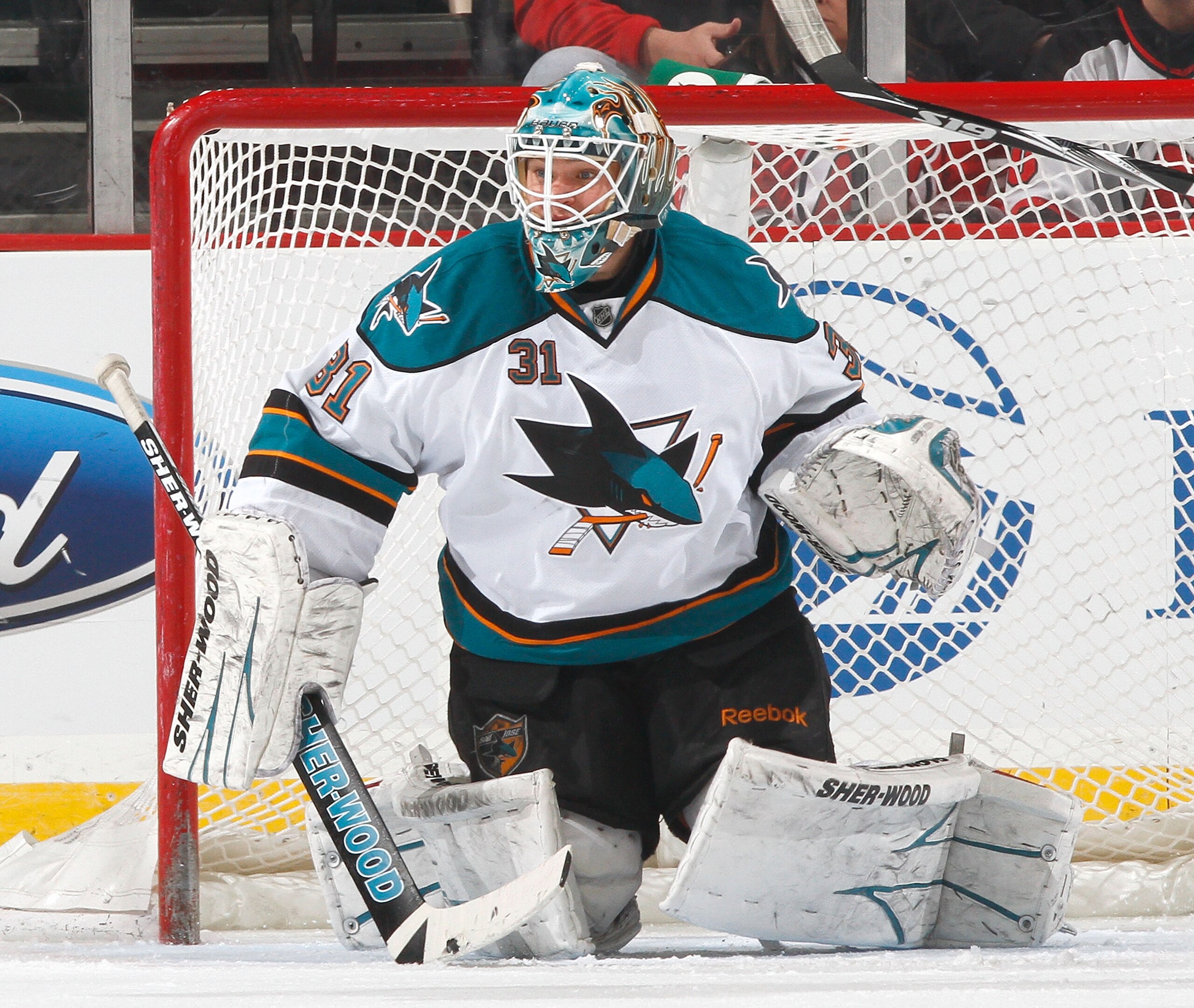 NEWARK, NJ - FEBRUARY 11: Goalie Antti Niemi #31 of the San Jose Sharks waits for a shot during an NHL hockey game against the New Jersey Devils on February 11, 2011 at the Prudential Center in Newark, New Jersey. (Photo by Paul Bereswill/Getty Images)