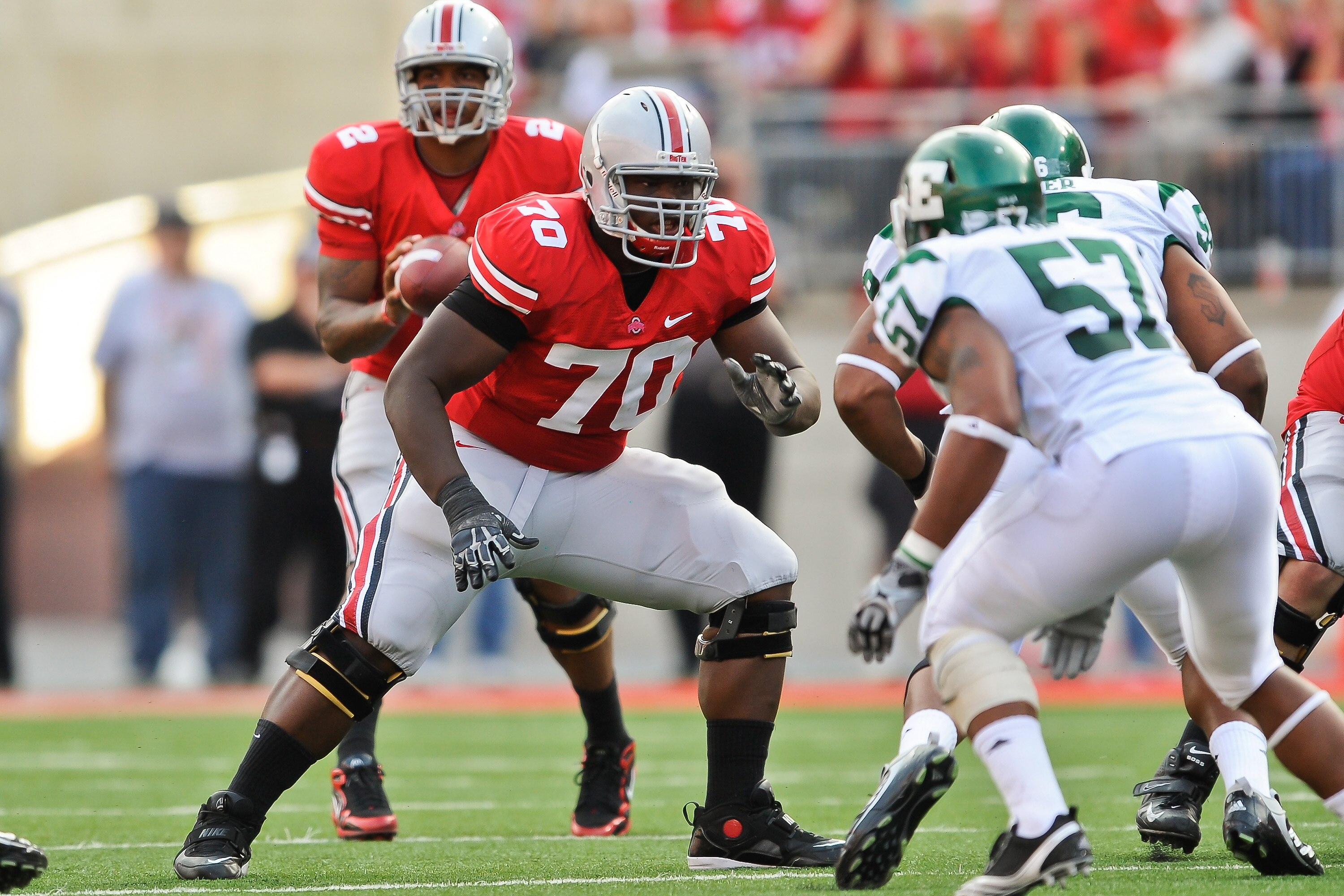 COLUMBUS, OH - SEPTEMBER 25:  Bryant Browning #70 of the Ohio State Buckeyes blocks against the Eastern Michigan Eagles at Ohio Stadium on September 25, 2010 in Columbus, Ohio.  Ohio State won 73-20. (Photo by Jamie Sabau/Getty Images)