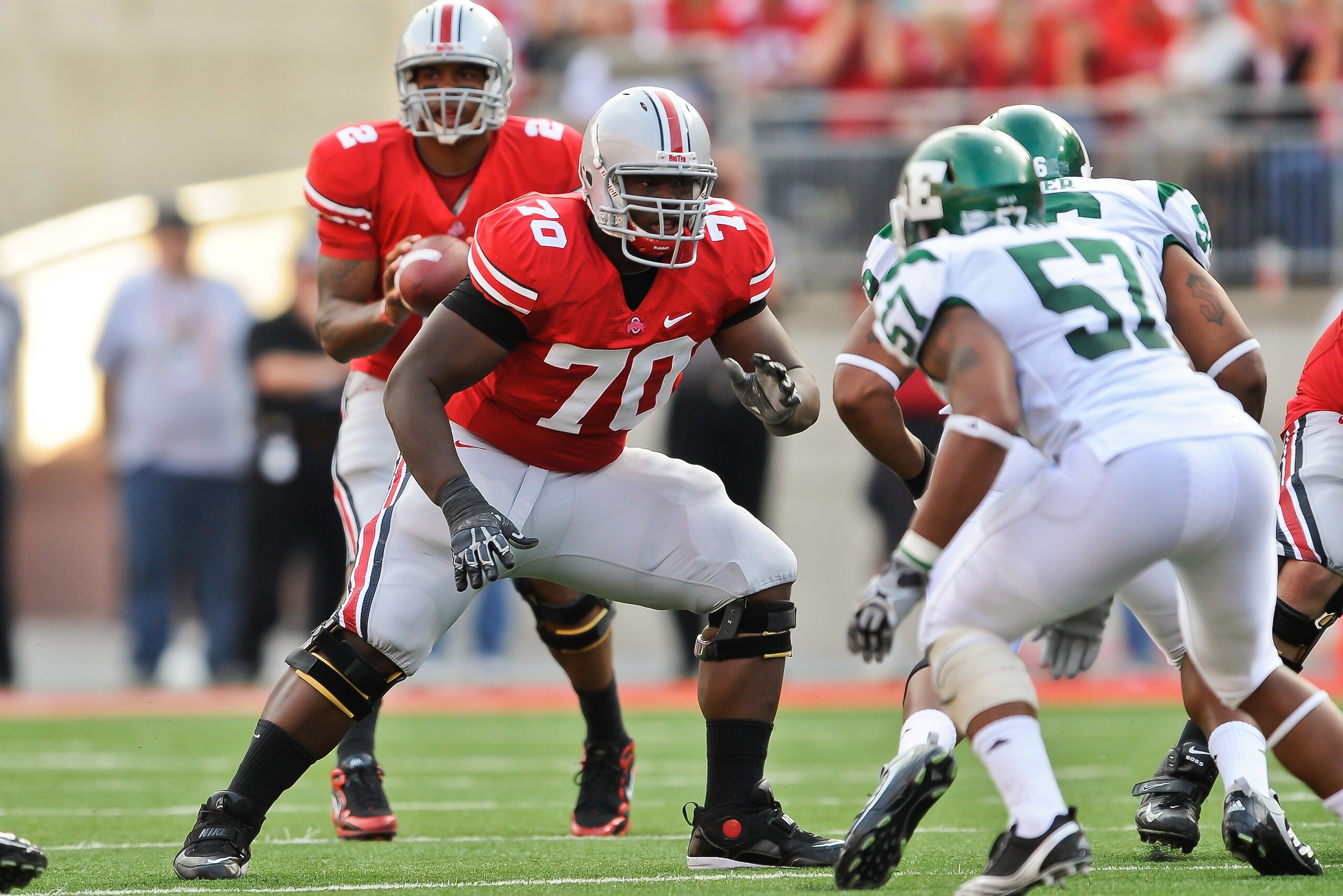 COLUMBUS, OH - SEPTEMBER 25:  Bryant Browning #70 of the Ohio State Buckeyes blocks against the Eastern Michigan Eagles at Ohio Stadium on September 25, 2010 in Columbus, Ohio.  Ohio State won 73-20. (Photo by Jamie Sabau/Getty Images)