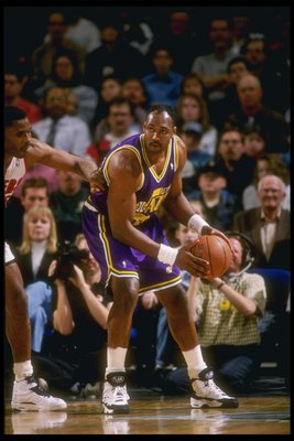 24 Feb 1995: Forward Karl Malone of the Utah Jazz moves the ball during a game against the Portland Trail Blazers at the Rose Garden in Portland, Oregon. The Blazers won the game, 114-101.