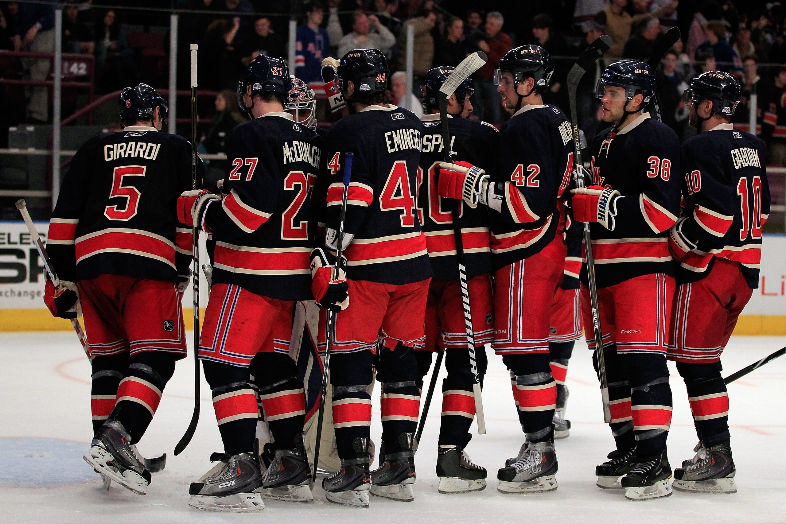 NEW YORK, NY - FEBRUARY 13: The New York Rangers celebrate victory over the Pittsburgh Penguins at Madison Square Garden on February 13, 2011 in New York City. The Rangers defeated the Penguins 5-3. (Photo by Chris Trotman/Getty Images)