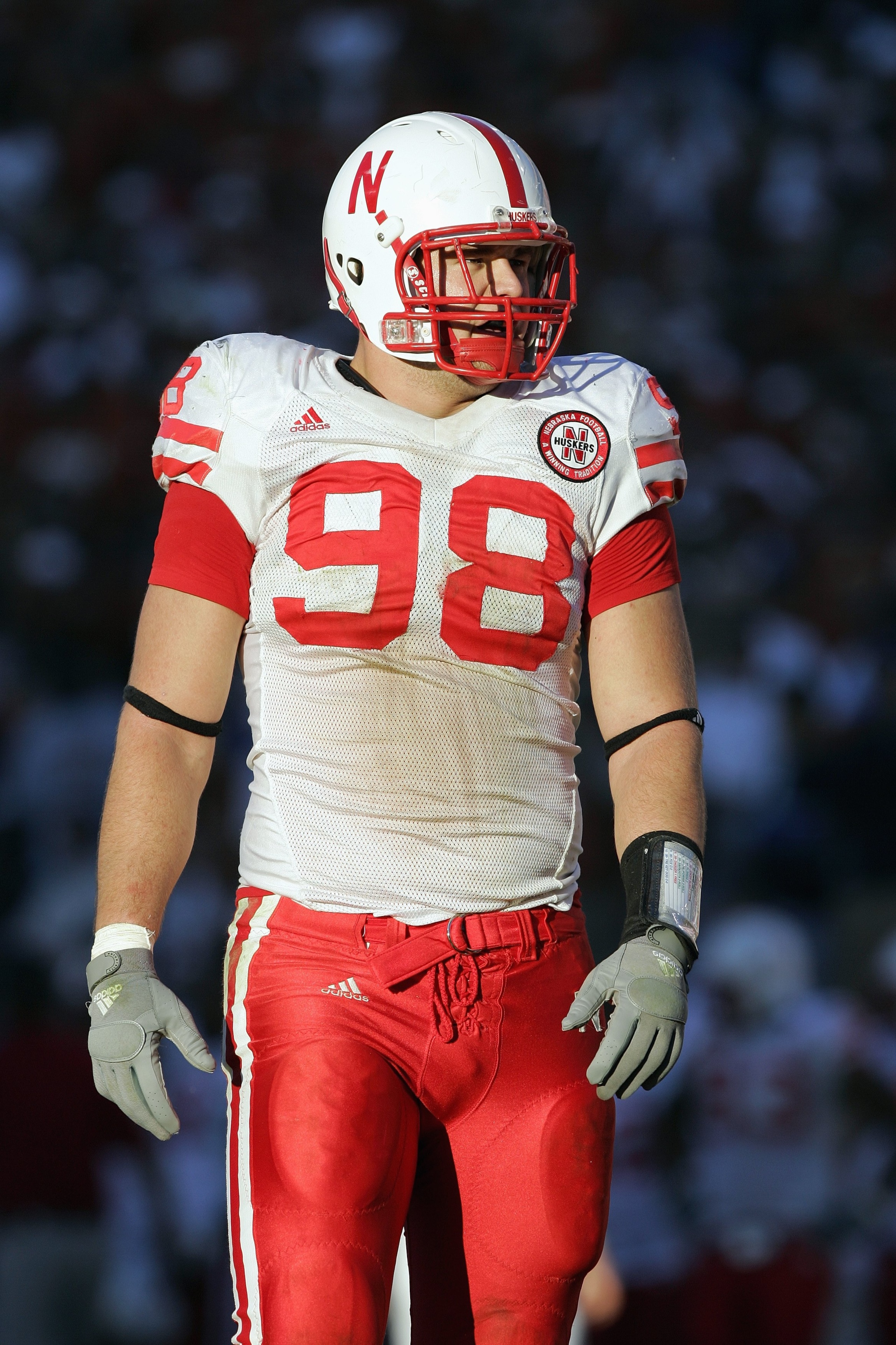 AUSTIN, TX - OCTOBER 27:  Zach Potter #98 of the Nebraska Cornhuskers looks on the field during the game against the Texas Longhorns at Darrell K Royal-Texas Memorial Stadium October 27, 2007 in Austin, Texas. Texas won 28-25. (Photo by Brian Bahr/Getty I