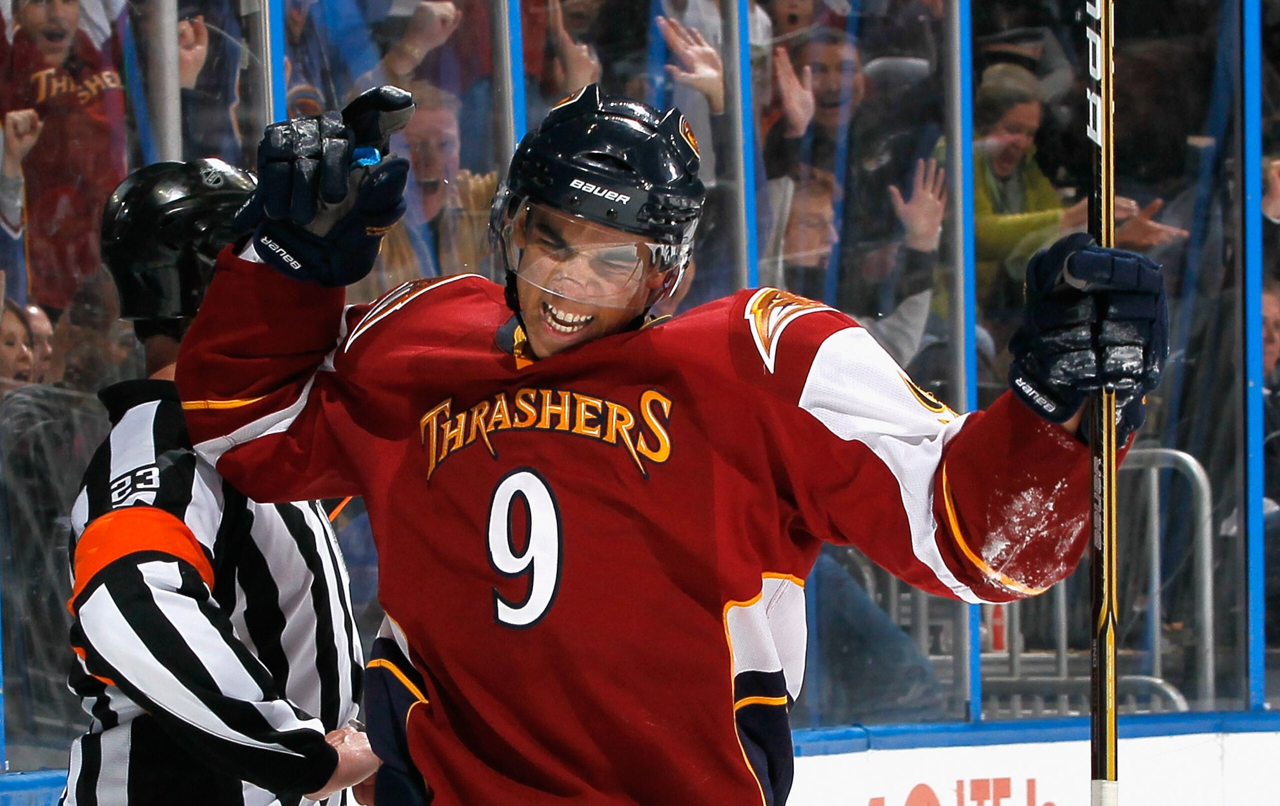 ATLANTA, GA - FEBRUARY 11:  Evander Kane #9 of the Atlanta Thrashers reacts after scoring the go-ahead goal in the third period against the New York Rangers at Philips Arena on February 11, 2011 in Atlanta, Georgia.  (Photo by Kevin C. Cox/Getty Images)