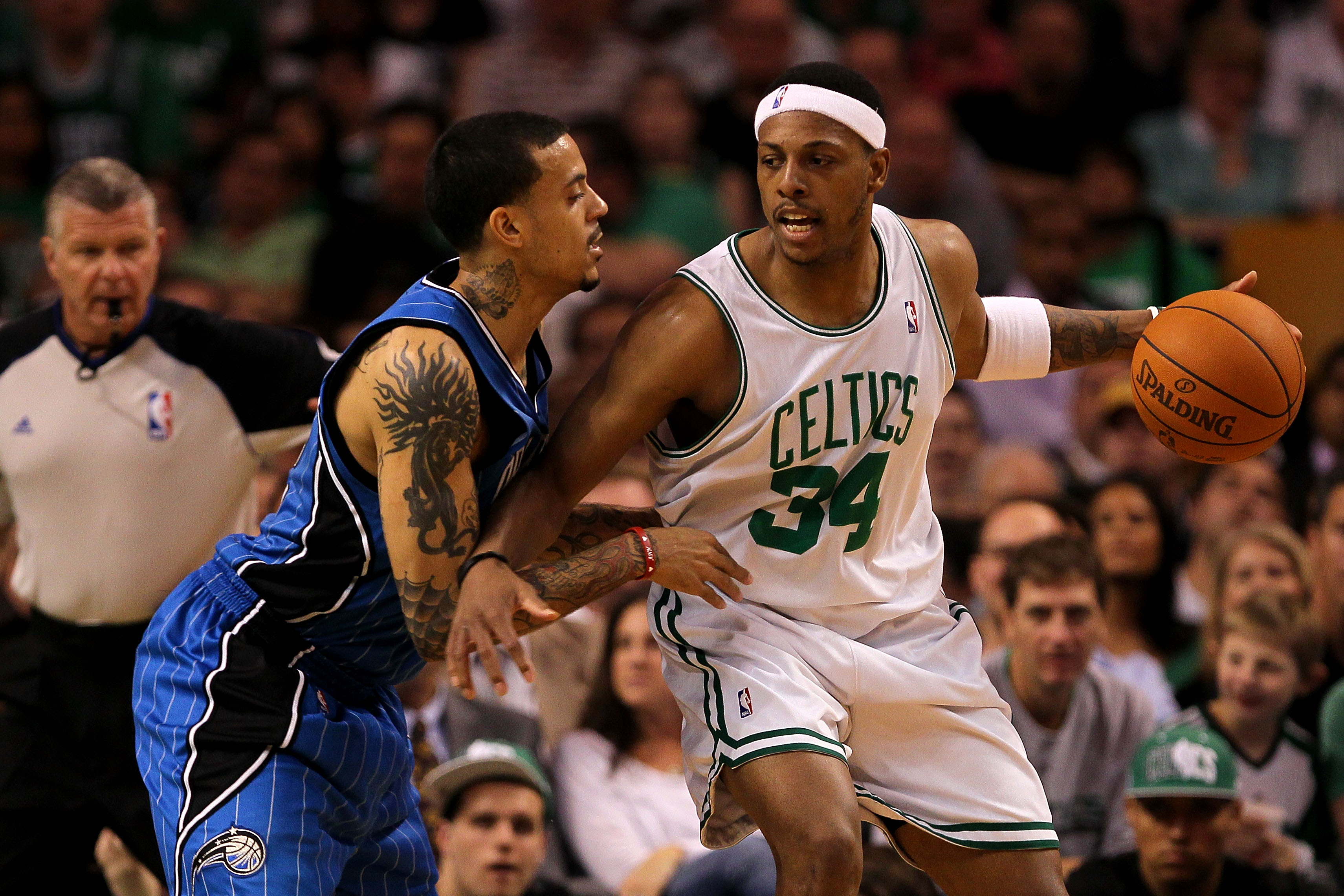 BOSTON - MAY 24:  Paul Pierce #34 of the Boston Celtics looks to pass against Matt Barnes #22 of the Orlando Magic in Game Four of the Eastern Conference Finals during the 2010 NBA Playoffs at TD Banknorth Garden on May 24, 2010 in Boston, Massachusetts. 