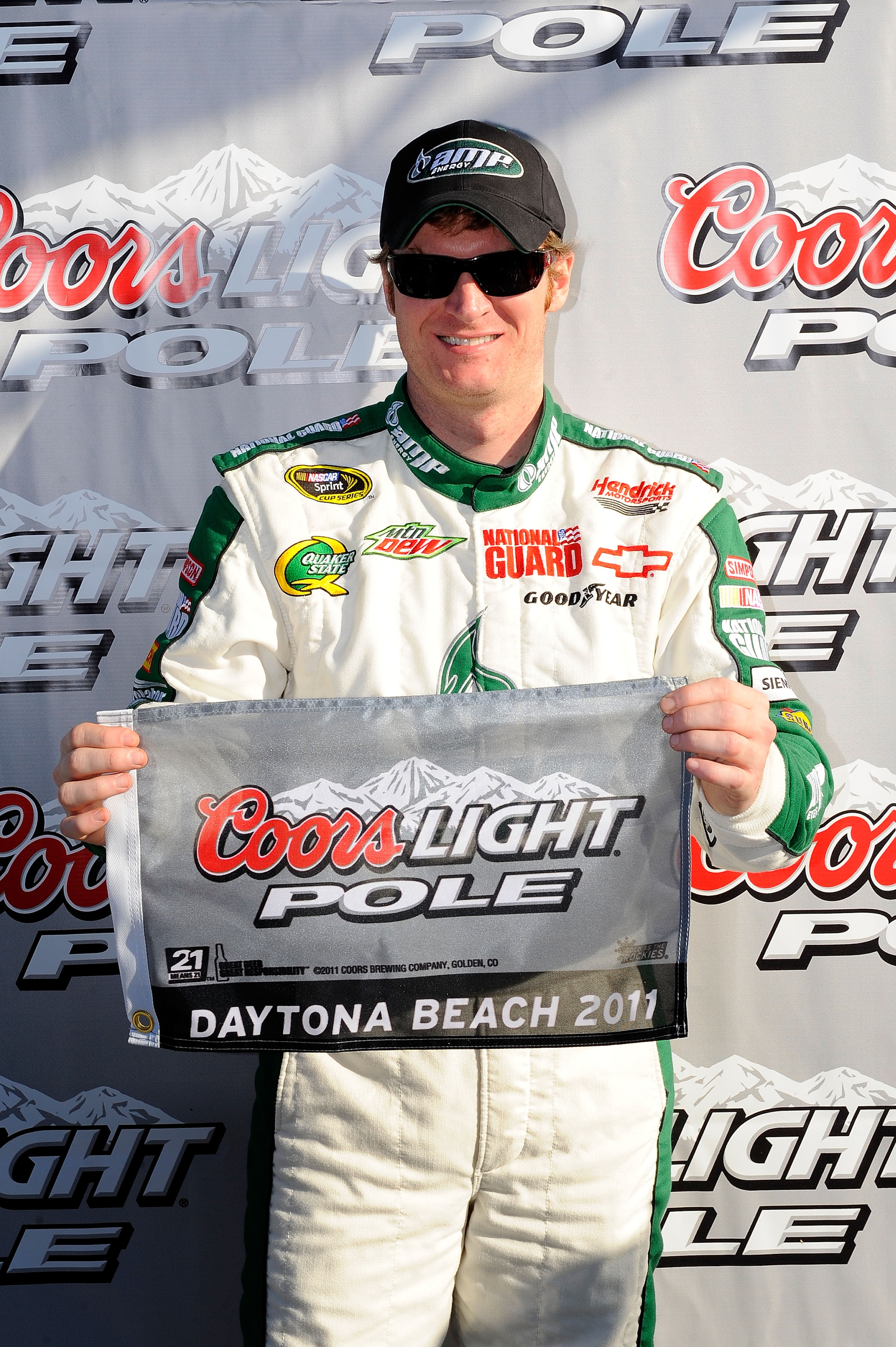 DAYTONA BEACH, FL - FEBRUARY 13:  Pole award winner Dale Earnhardt Jr., driver of the #88 National Guard/AMP Energy Chevrolet, poses in victory lane after qualifying for the NASCAR Sprint Cup Series Daytona 500 at Daytona International Speedway on Februar