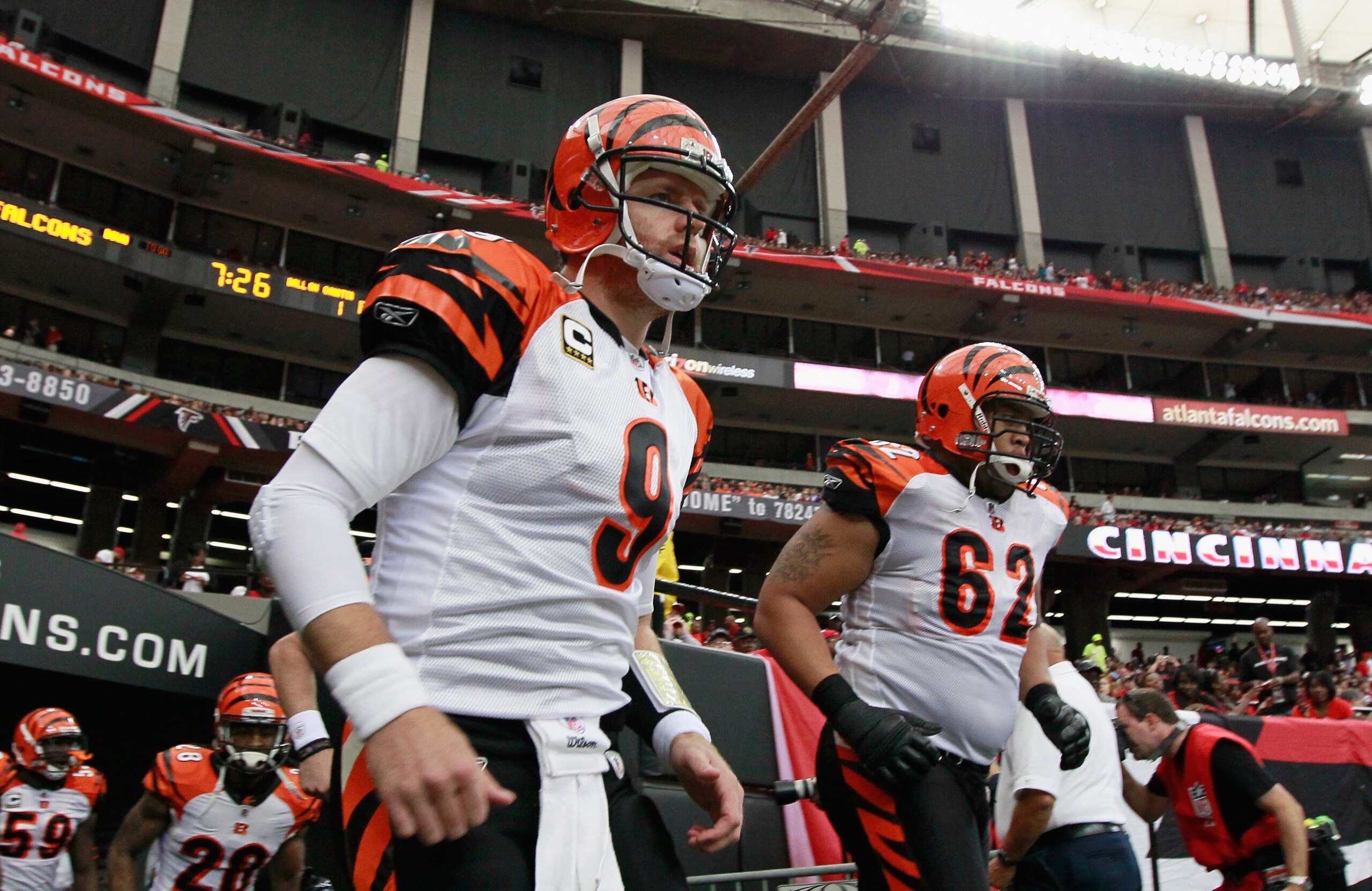 ATLANTA - OCTOBER 24:  Quarterback Carson Palmer #9 of the Cincinnati Bengals against the Atlanta Falcons at Georgia Dome on October 24, 2010 in Atlanta, Georgia.  (Photo by Kevin C. Cox/Getty Images)