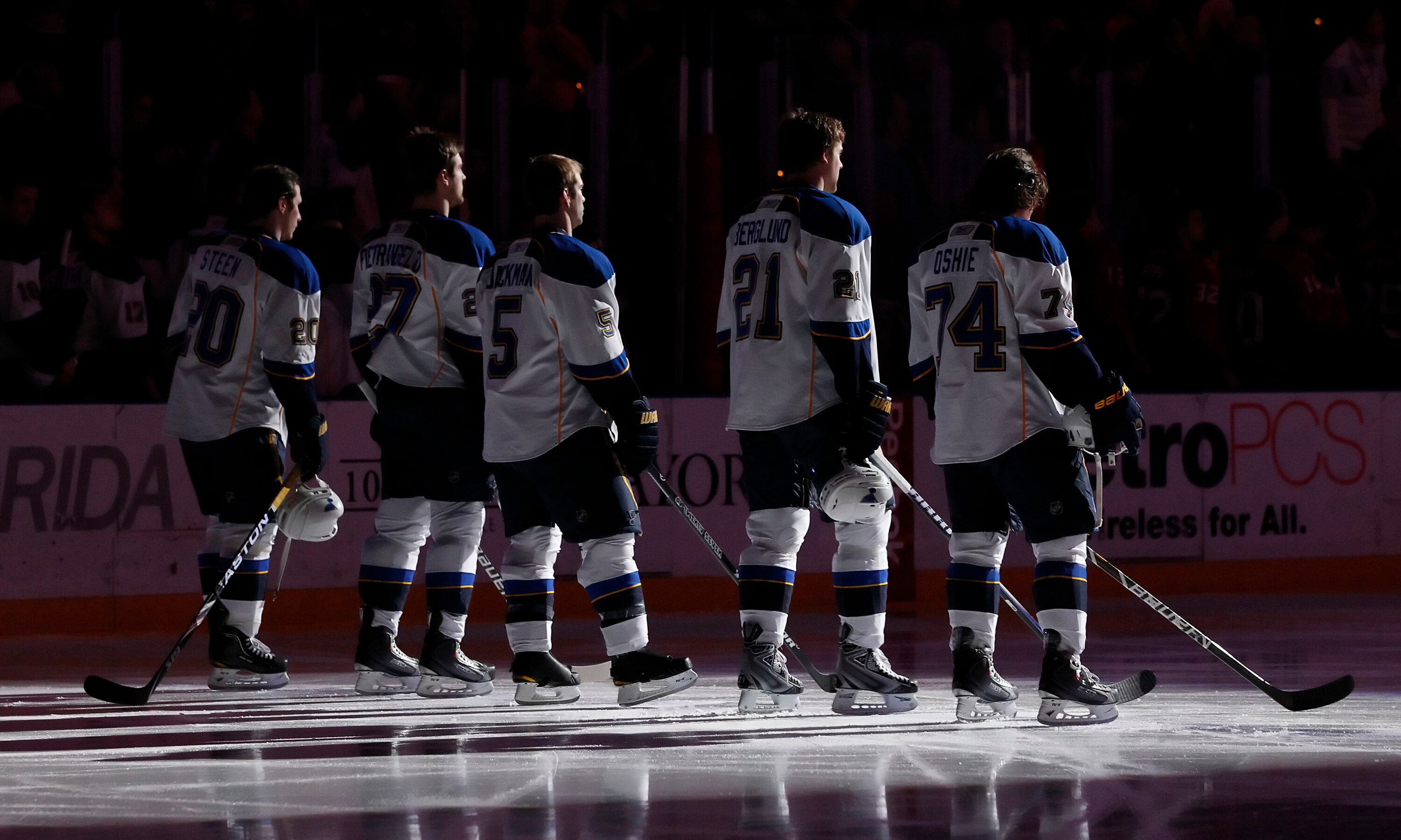 SUNRISE, FL - FEBRUARY 8: The St. Louis Blues line up on the blue line for the national anthem prior to the NHL game against the Florida Panthers on February 8, 2011 at the BankAtlantic Center in Sunrise, Florida. The Blues defeated the Panthers 2-1. (Pho