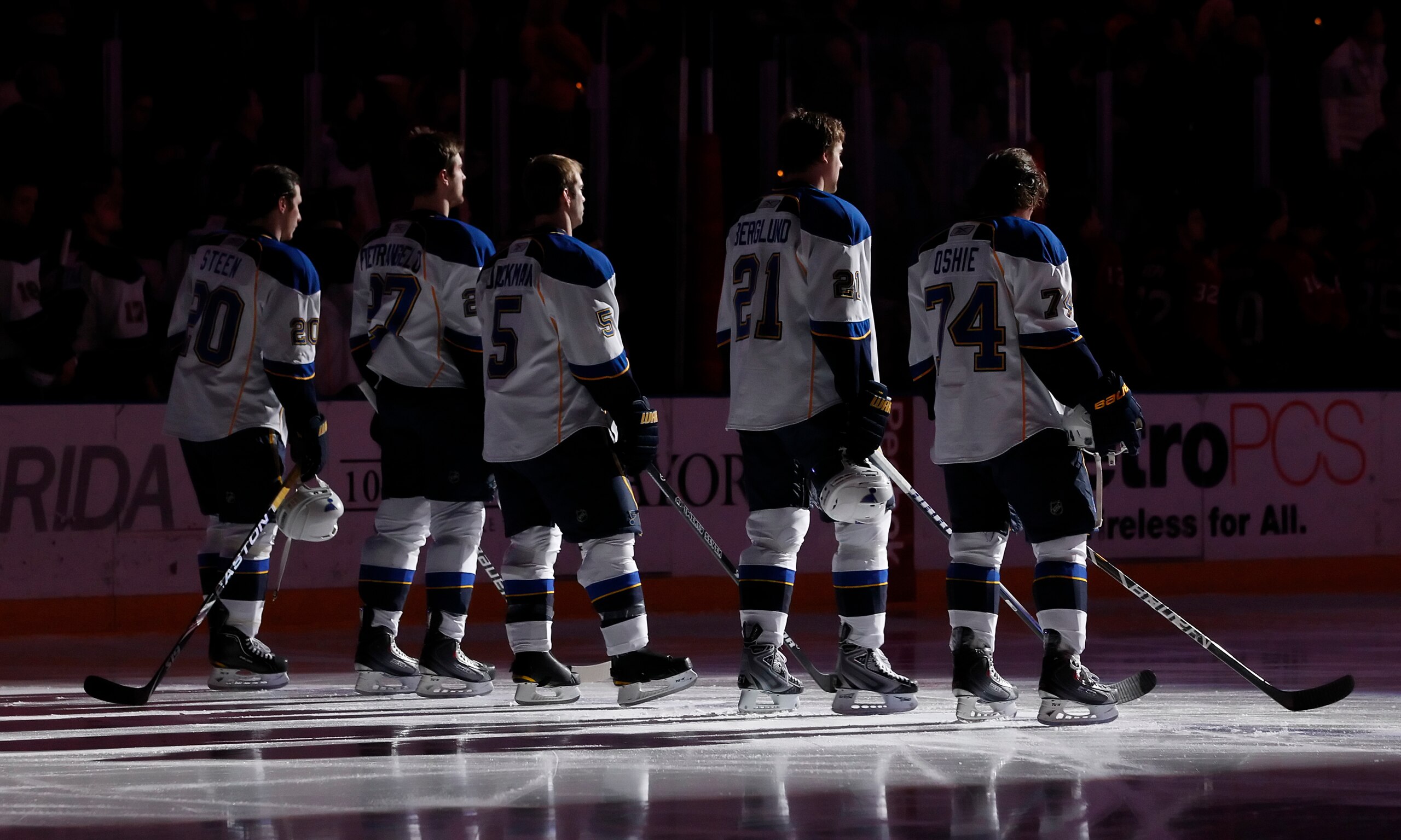 SUNRISE, FL - FEBRUARY 8: The St. Louis Blues line up on the blue line for the national anthem prior to the NHL game against the Florida Panthers on February 8, 2011 at the BankAtlantic Center in Sunrise, Florida. The Blues defeated the Panthers 2-1. (Pho