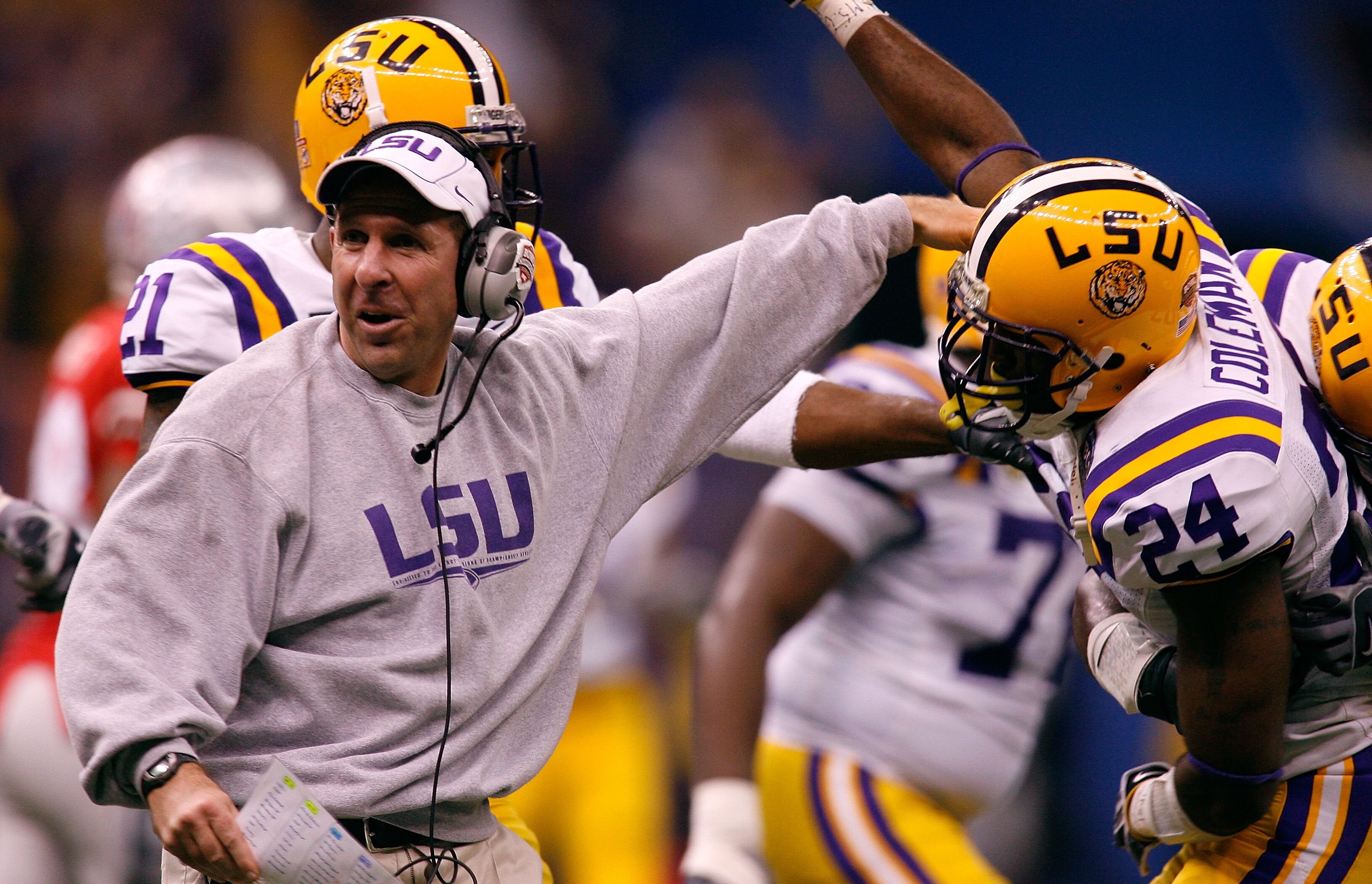 NEW ORLEANS - JANUARY 07:  Defensive coordinator Bo Pelini of of the Louisiana State University Tigers celebrates with Harry Coleman #24 after Coleman recovered a fumble in the fourth quarter against the Ohio State Buckeyes during the AllState BCS Nationa