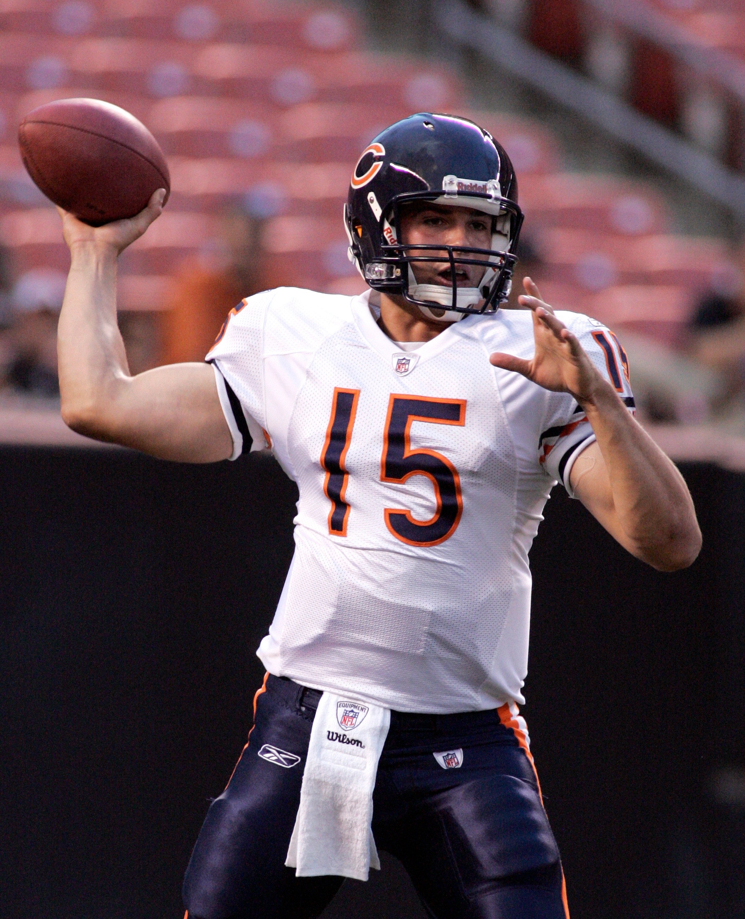CLEVELAND - SEPTEMBER 2: Dan LeFevour #15 of the Chicago Bears warms up before the preseason game against the Cleveland Browns on September 2, 2010 at Cleveland Browns Stadium in Cleveland, Ohio. The Browns defeated the Bears 13-10. (Photo by Justin K. Al