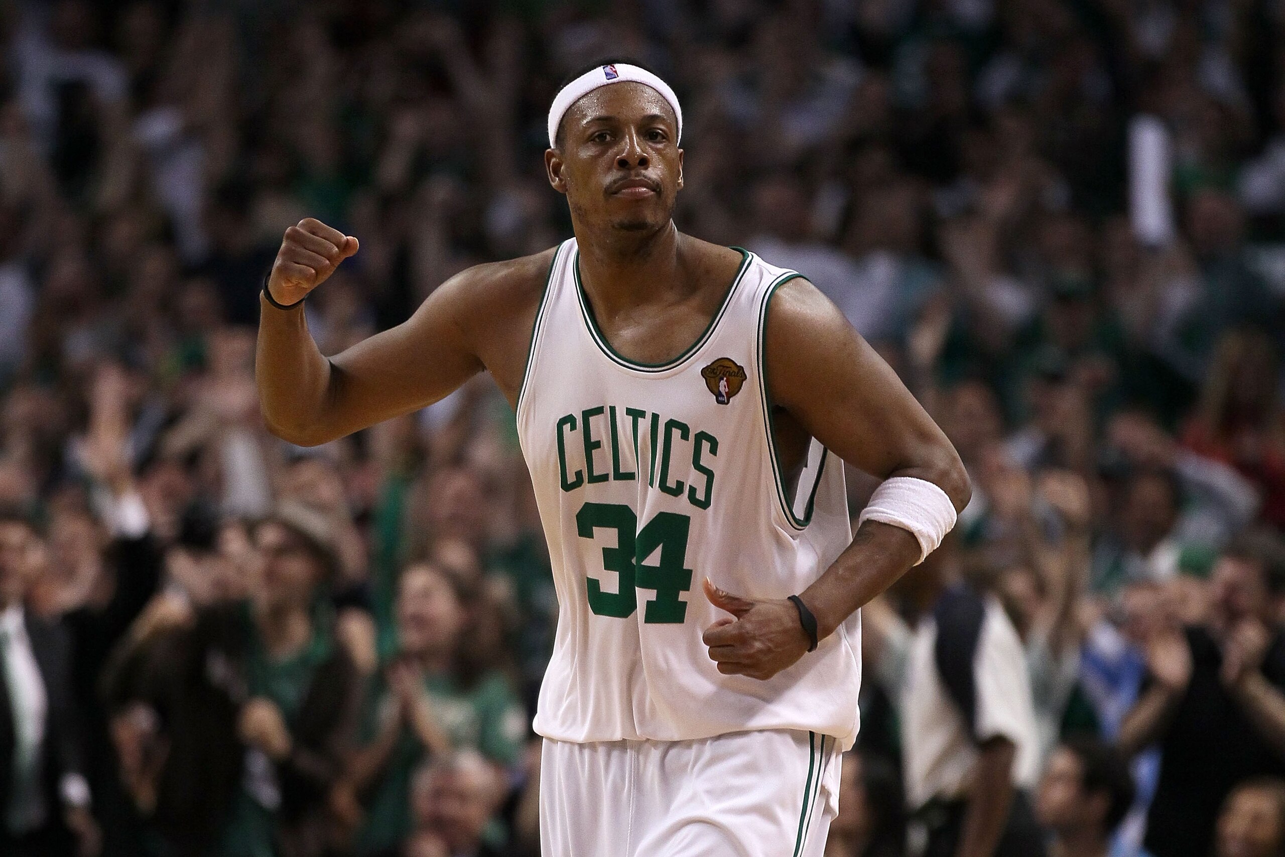 BOSTON - JUNE 13:  Paul Pierce #34 of the Boston Celtics celebrates after a play against the Los Angeles Lakers in the fourth quarter during Game Five of the 2010 NBA Finals on June 13, 2010 at TD Garden in Boston, Massachusetts. NOTE TO USER: User expres