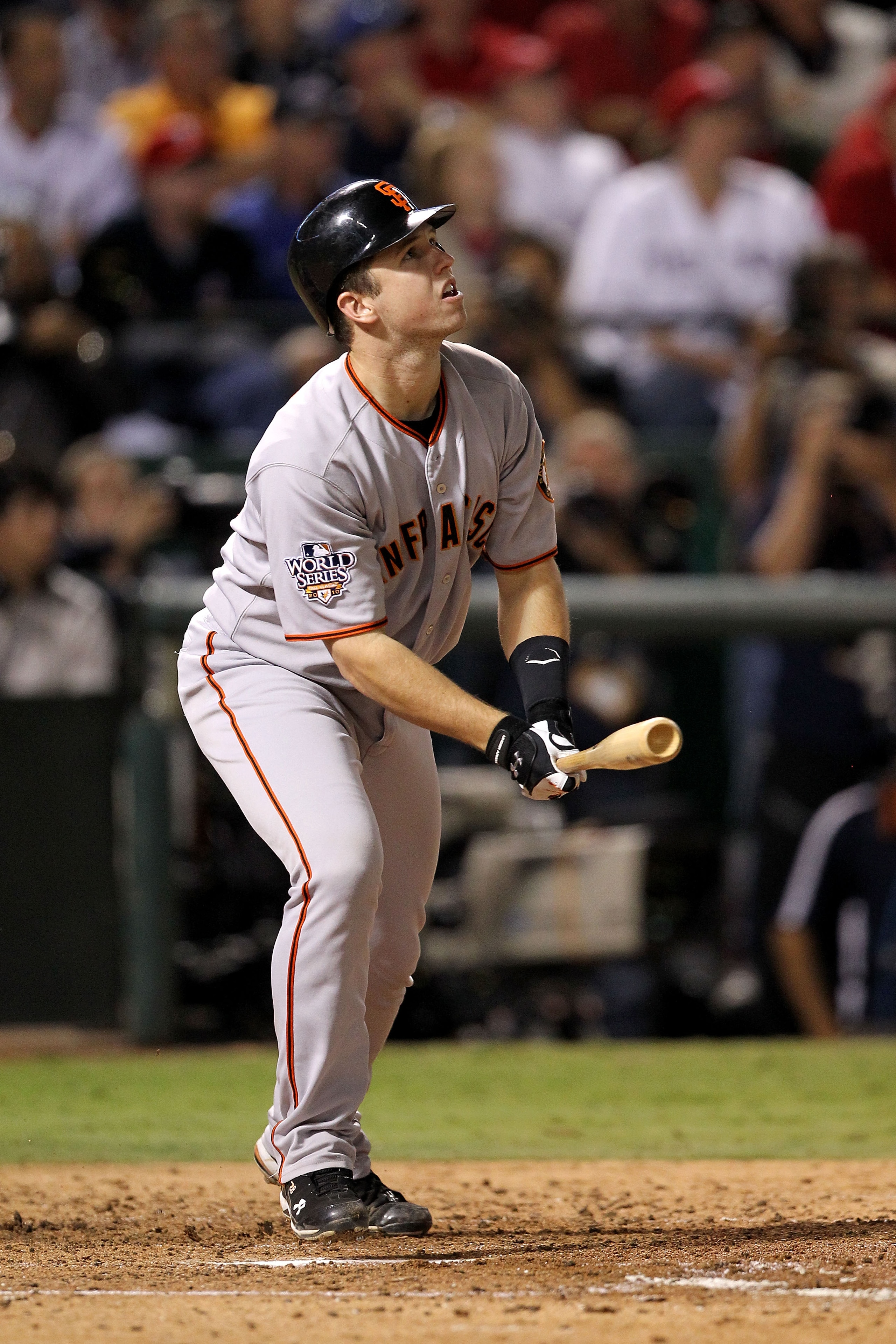 ARLINGTON, TX - NOVEMBER 01:  Buster Posey #28 of  the San Francisco Giants bats against the Texas Rangers in Game Five of the 2010 MLB World Series at Rangers Ballpark in Arlington on November 1, 2010 in Arlington, Texas. The Giants won 3-1.  (Photo by R