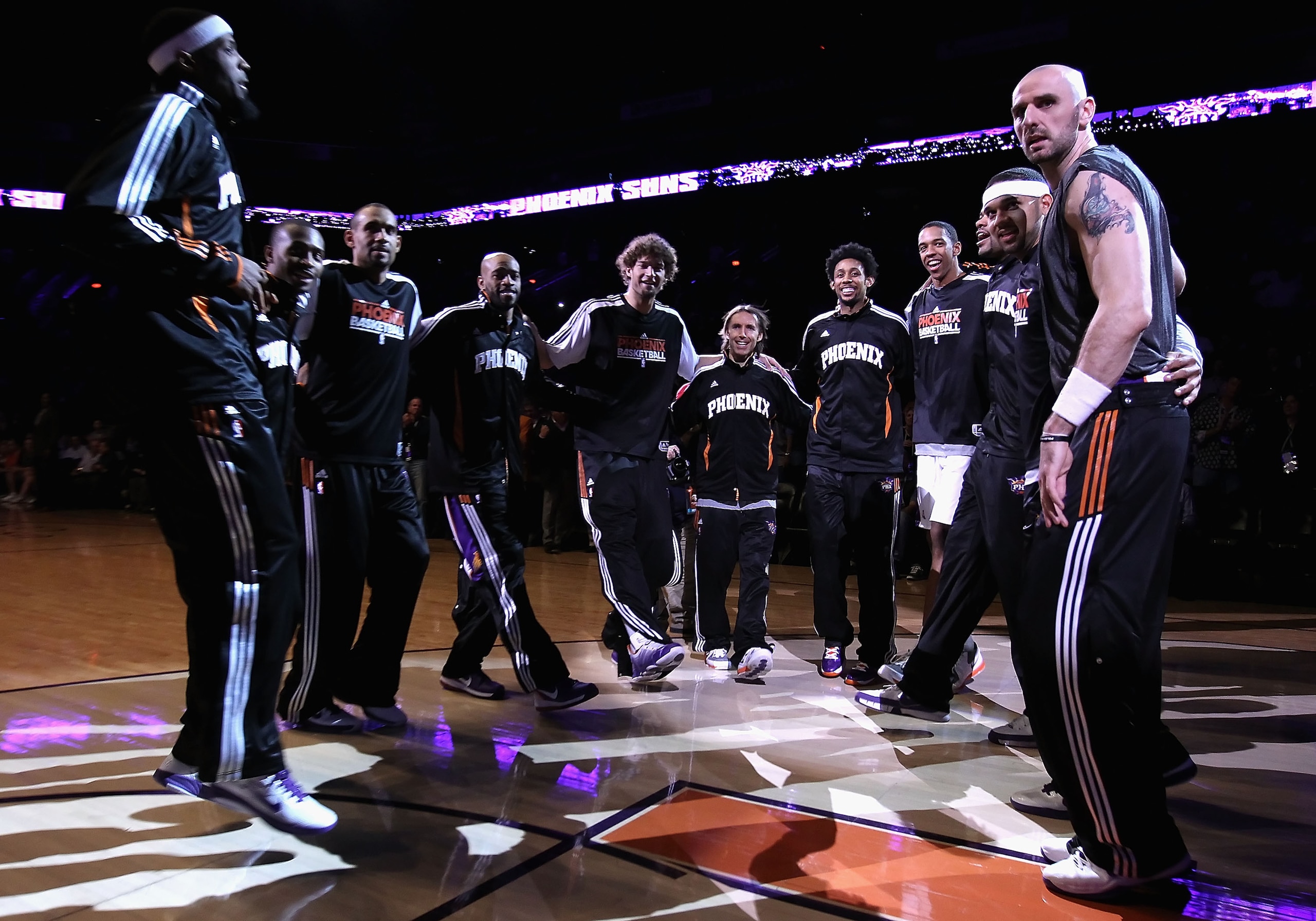 PHOENIX, AZ - FEBRUARY 10:  The Phoenix Suns huddle up before the NBA game against the Golden State Warriors at US Airways Center on February 10, 2011 in Phoenix, Arizona. The Suns defeated the Warriors 112-88. NOTE TO USER: User expressly acknowledges an
