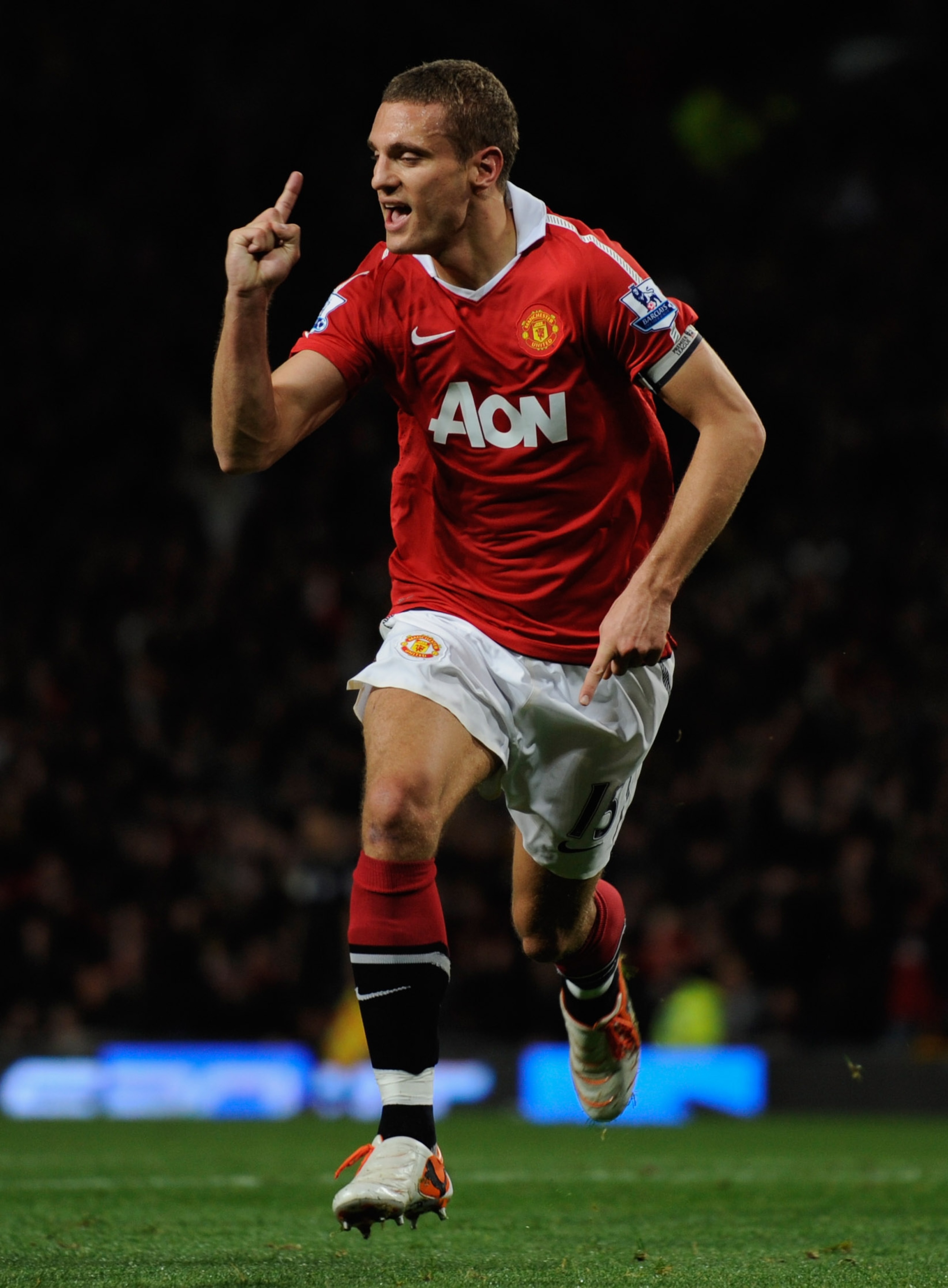 MANCHESTER, ENGLAND - OCTOBER 30:  Nemanja Vidic of manchester United celebrates scoring to make it 1-0 during the Barclays Premier League match between Manchester United and Tottenham Hotspur at Old Trafford on October 30, 2010 in Manchester, England.  (