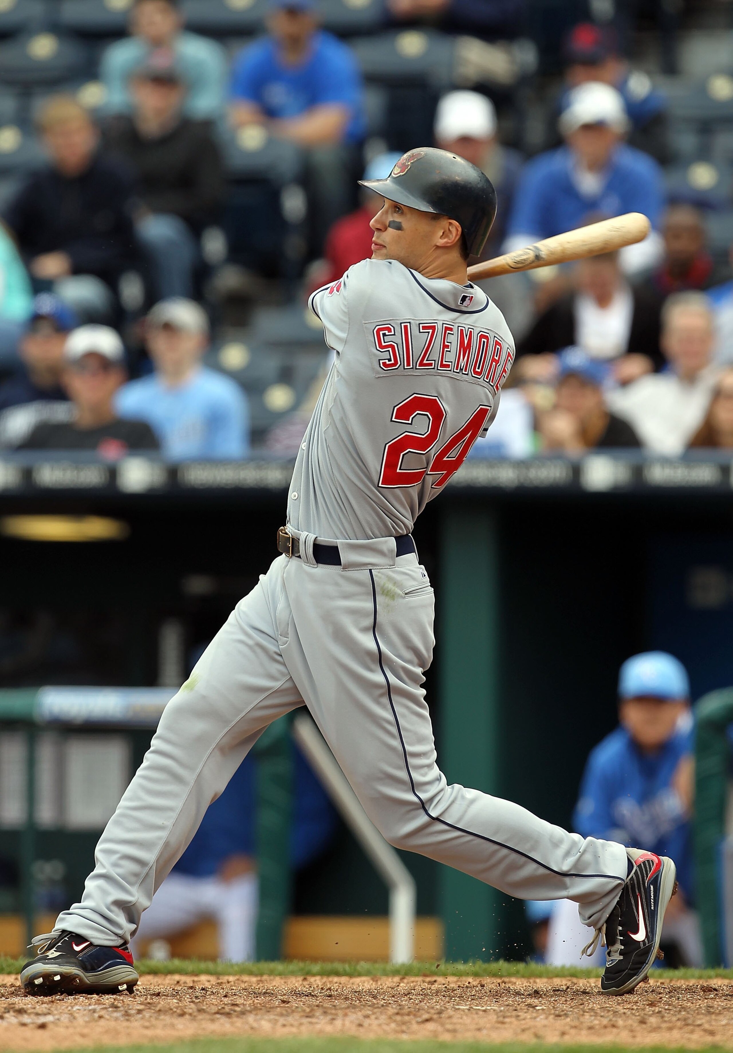 KANSAS CITY, MO - MAY 13:  Grady Sizemore #24 of the Cleveland Indians bats during the game against the Kansas City Royals on May 13, 2010 at Kauffman Stadium in Kansas City, Missouri.  (Photo by Jamie Squire/Getty Images)