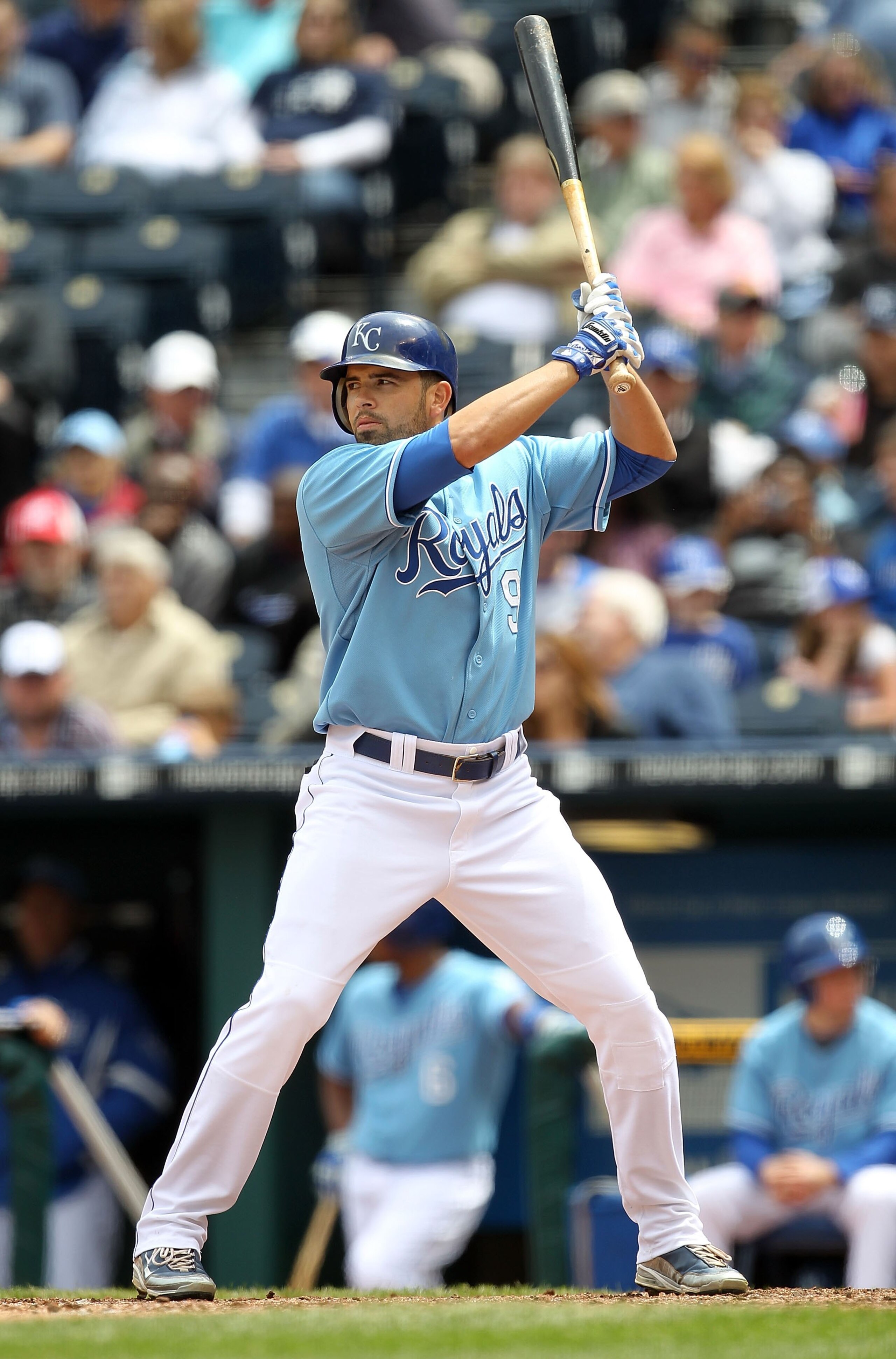 KANSAS CITY, MO - MAY 13:  David DeJesus #9 of the Kansas City Royals bats during the game against the Cleveland Indians on May 13, 2010 at Kauffman Stadium in Kansas City, Missouri.  (Photo by Jamie Squire/Getty Images)