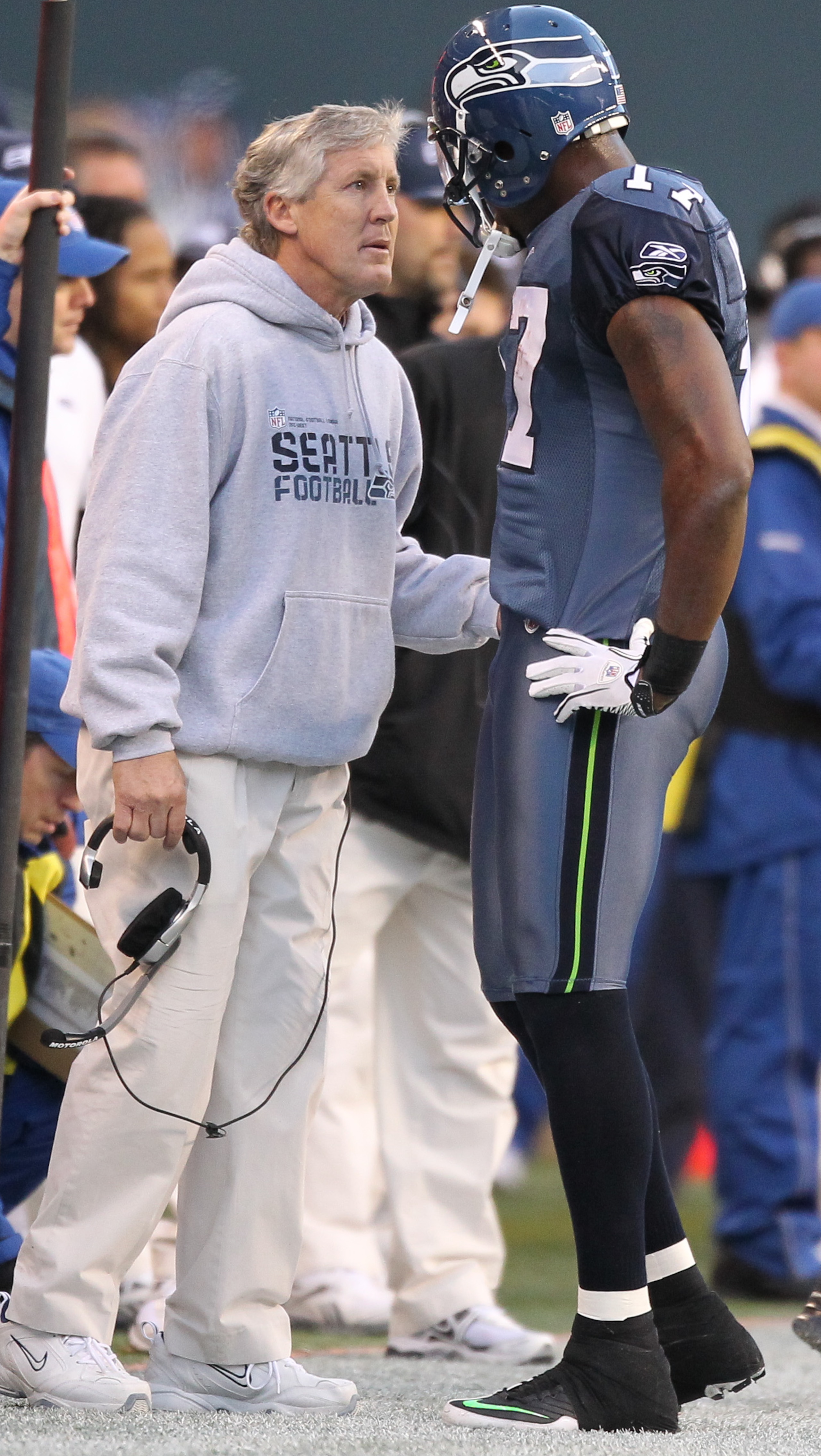 SEATTLE, WA - DECEMBER 19: Head coach Pete Carroll of the Seattle Seahawks talks to wide receiver Mike Williams #17 during the game against the Atlanta Falcons at Qwest Field on December 19, 2010 in Seattle, Washington. (Photo by Otto Greule Jr/Getty Ima SEATTLE, WA - DECEMBER 19: Head coach Pete Carroll of the Seattle Seahawks talks to wide receiver Mike Williams #17 during the game against the Atlanta Falcons at Qwest Field on December 19, 2010 in Seattle, Washington. (Photo by Otto Greule Jr/Getty Ima