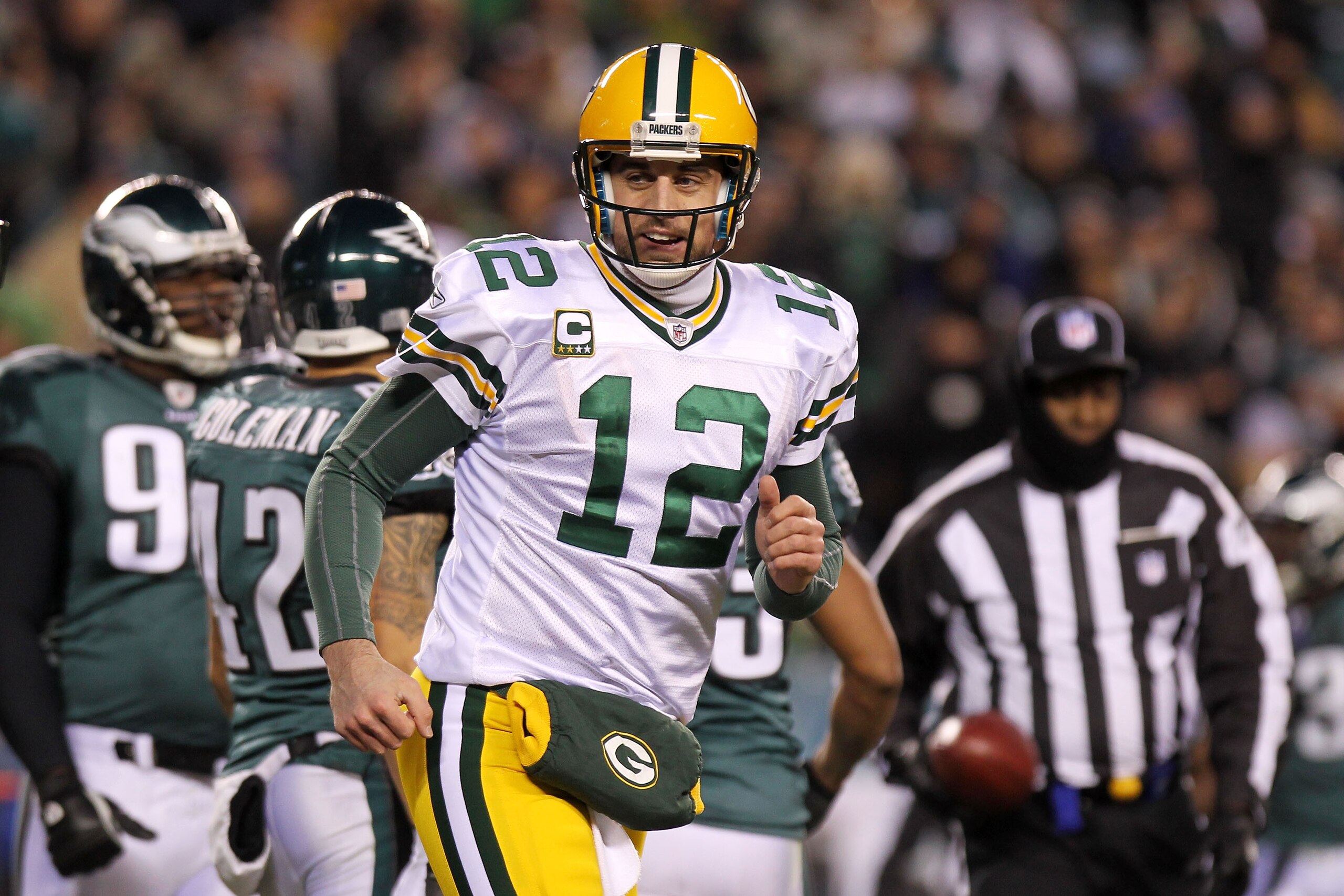 PHILADELPHIA, PA - JANUARY 09:  Aaron Rodgers #12 of the Green Bay Packers reacts against the Philadelphia Eagles during the 2011 NFC wild card playoff game at Lincoln Financial Field on January 9, 2011 in Philadelphia, Pennsylvania.  (Photo by Nick Laham
