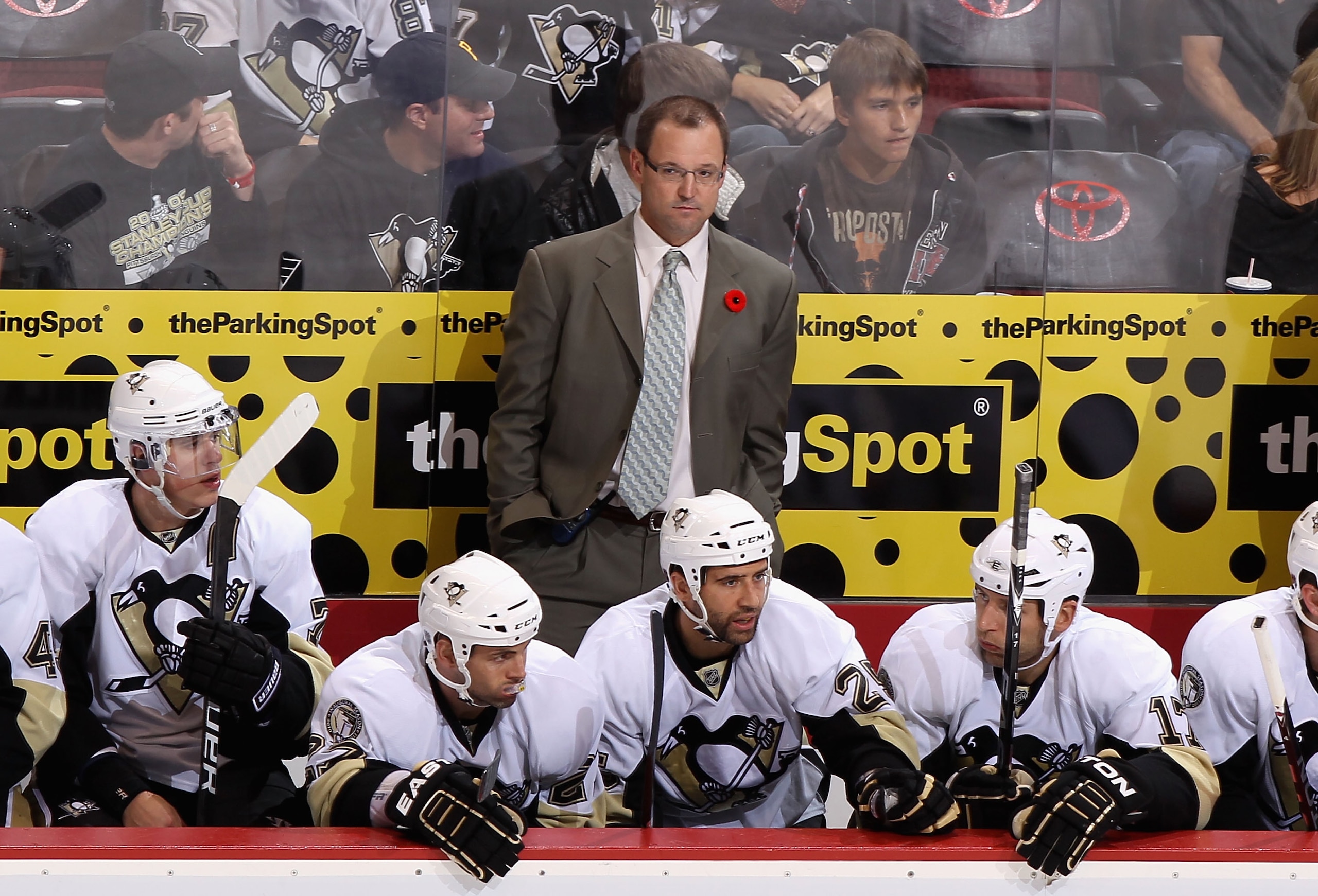 GLENDALE, AZ - NOVEMBER 06: Head coach Dan Bylsma of the Pittsburgh Penguins watches with teammates from the bench during the NHL game against the Phoenix Coyotes at Jobing.com Arena on November 6, 2010 in Glendale, Arizona. The Penguins defeated the Co GLENDALE, AZ - NOVEMBER 06: Head coach Dan Bylsma of the Pittsburgh Penguins watches with teammates from the bench during the NHL game against the Phoenix Coyotes at Jobing.com Arena on November 6, 2010 in Glendale, Arizona. The Penguins defeated the Co