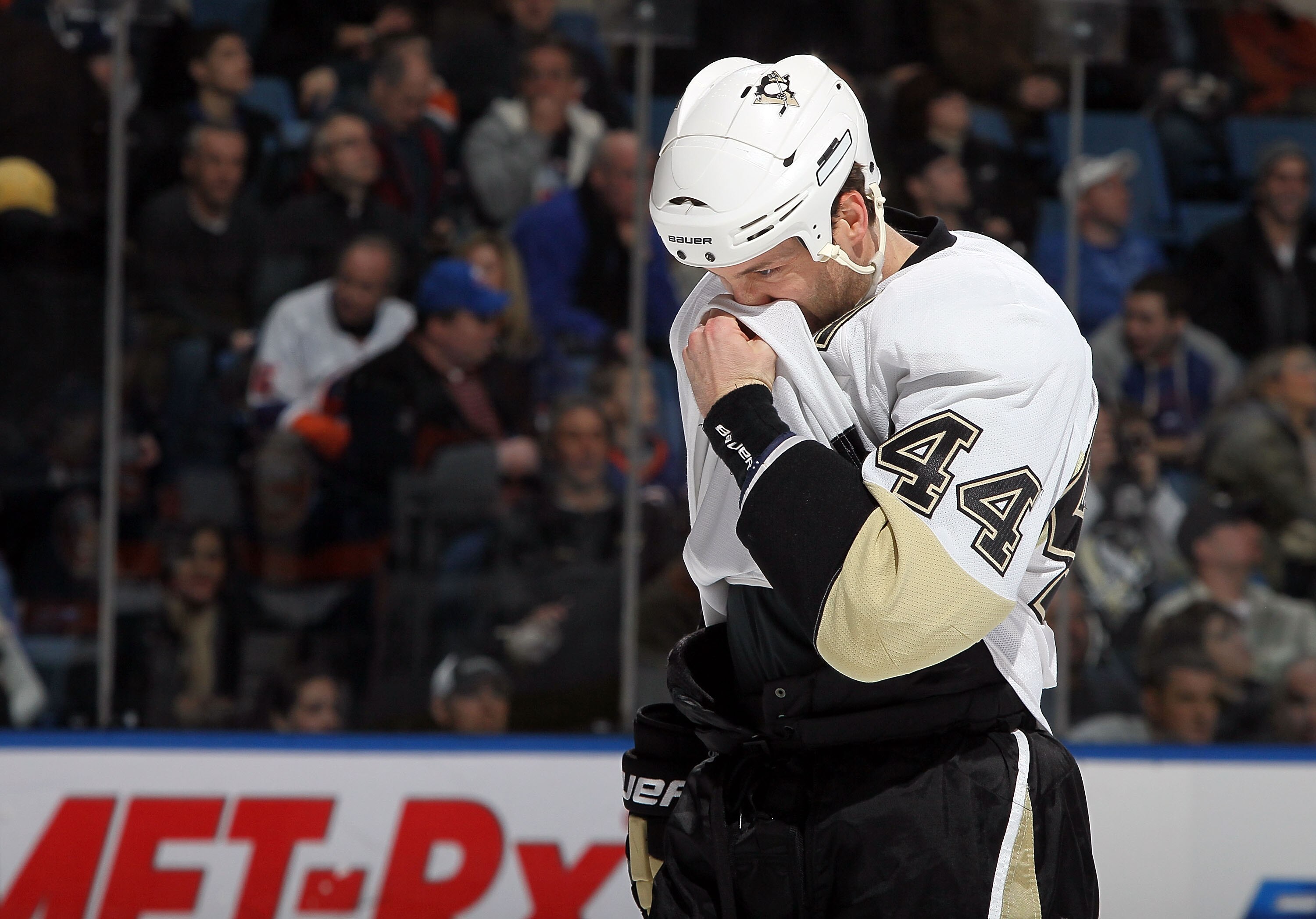 UNIONDALE, NY - FEBRUARY 11: Brooks Orpik #44 of the Pittsburgh Penguins looks on during the second period against the New York Islanders on February 11, 2011 at Nassau Coliseum in Uniondale, New York.  (Photo by Jim McIsaac/Getty Images)