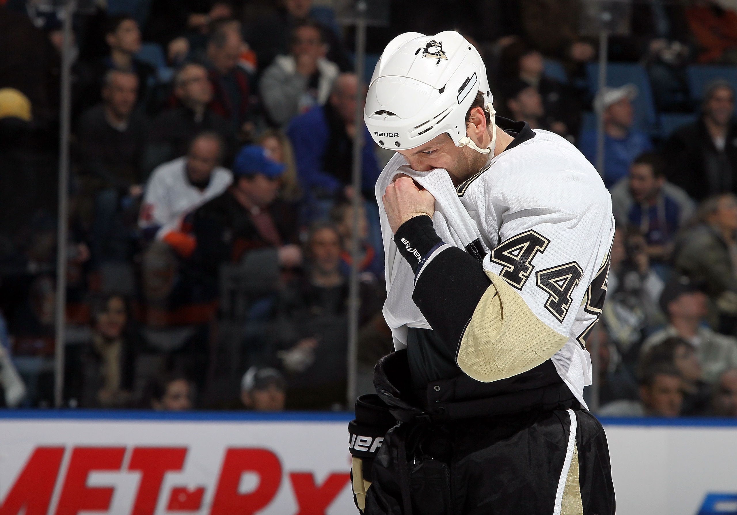 UNIONDALE, NY - FEBRUARY 11: Brooks Orpik #44 of the Pittsburgh Penguins looks on during the second period against the New York Islanders on February 11, 2011 at Nassau Coliseum in Uniondale, New York.  (Photo by Jim McIsaac/Getty Images)