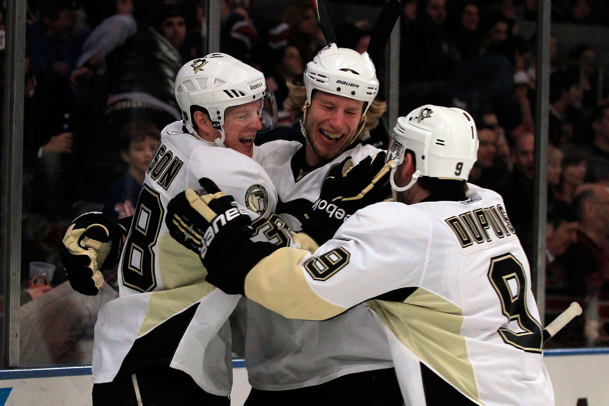 NEW YORK, NY - FEBRUARY 13: Brent Johnson #1 of the Pittsburgh Penguins is congratulated by his teammates for his first period goal against the New York Rangers at Madison Square Garden on February 13, 2011 in New York City. (Photo by Chris Trotman/Getty NEW YORK, NY - FEBRUARY 13: Brent Johnson #1 of the Pittsburgh Penguins is congratulated by his teammates for his first period goal against the New York Rangers at Madison Square Garden on February 13, 2011 in New York City. (Photo by Chris Trotman/Getty